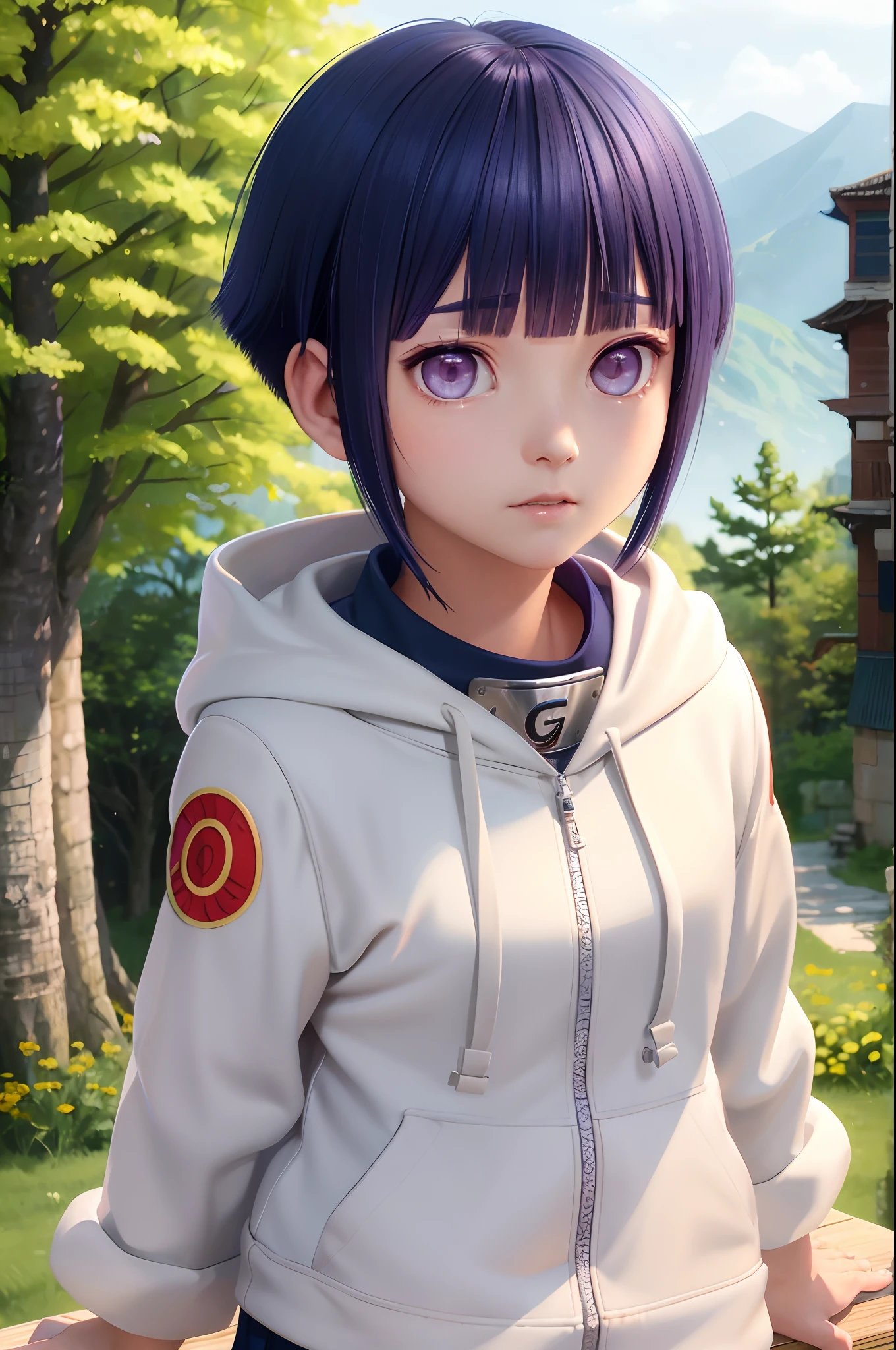 1girl, hinata_hyuuga, portrait, short hair, blue hair, blunt bangs, sidelocks, white eyes, no pupils, hoodie, forehead protector, jacket, mountain