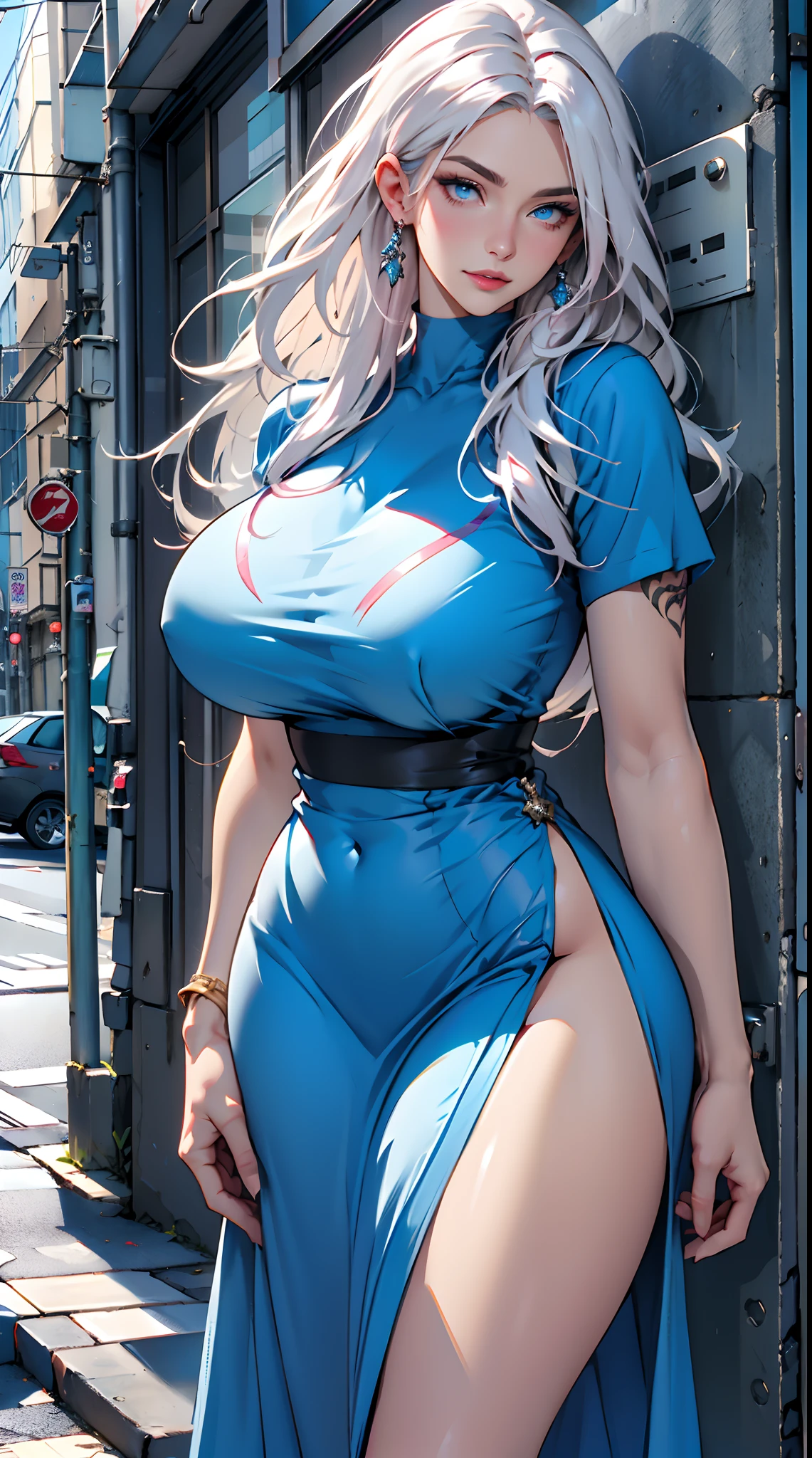 photorealistic, high resolution, 1women, shining skin, solo, tattoo, jewelry, pink lips, (((long while hair, blue eyes))), closed mouth, street wear, hips up, blue dress, huge breasts, sexy body, thicc, fit