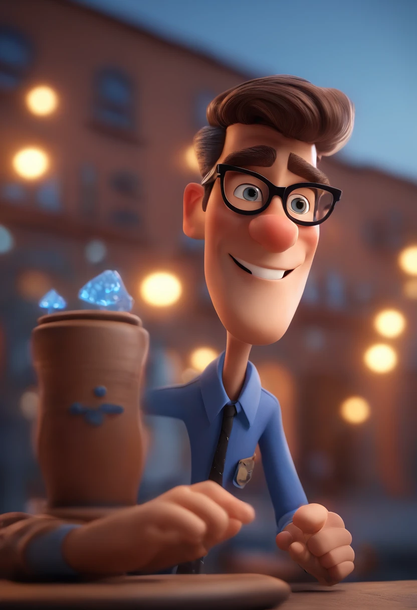 Cartoon character of a man wearing black glasses and a blue shirt, um personagem animado, Caractere estilizado, animation style rendering, 3D estilizado, Arnold Maya render, 3 d render stylized, toon render keyshot, Personagem 3D, Personagem 3D, 3d rendering stylized, 3 d character render, personagem de desenho animado, Personagem de close up, Pose de personagem, (Estilo Pixar) (master part:1.2) (Bokeh) (best quality) (pele detalhada) (textura detalhada) (8k) (argila) (Cinematic lighting) (foco nítido，Senta e vaza a parte superior do corpo