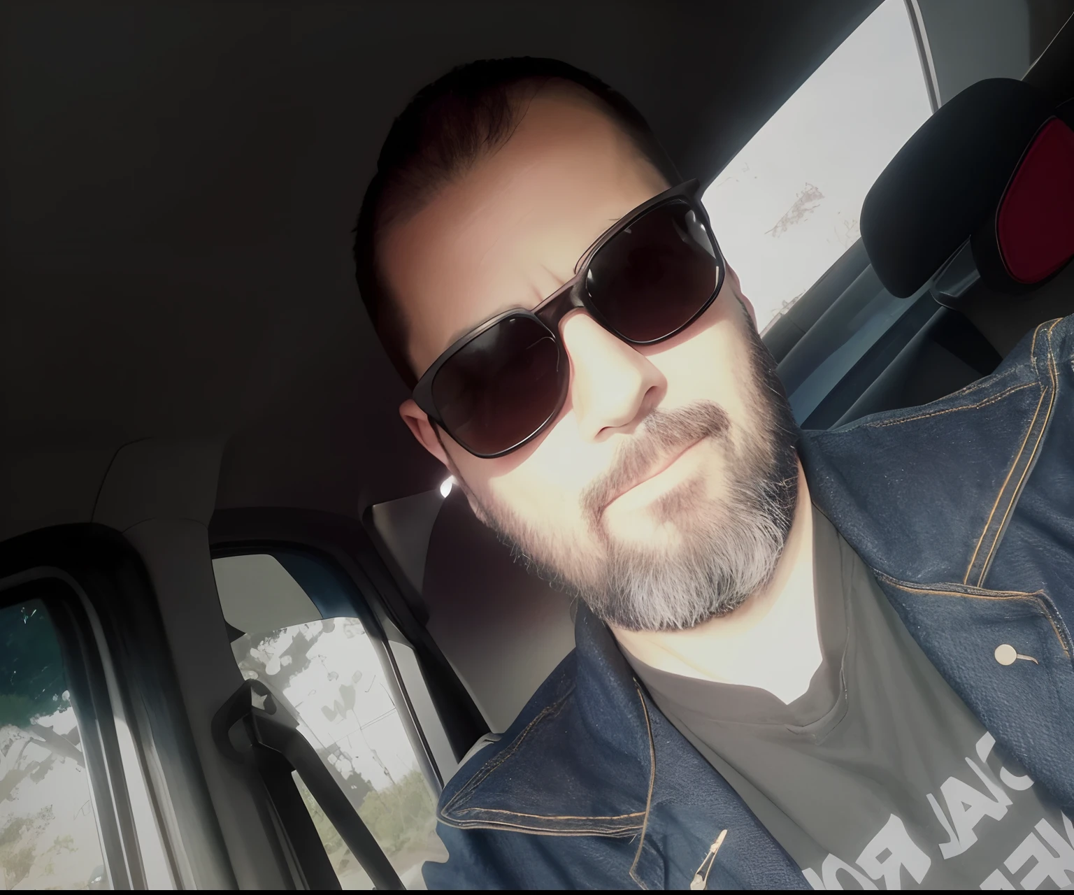 There's a man with sunglasses and a denim jacket in a car, cerca de 3 5 anos, Homem de 4 0 anos, Homens de 45 anos, 38 anos, Alexandros Pyromallis, (38 anos), with sunglasses, Foto de perfil, 3 6 anos, Foto realista, imagem de qualidade muito baixa