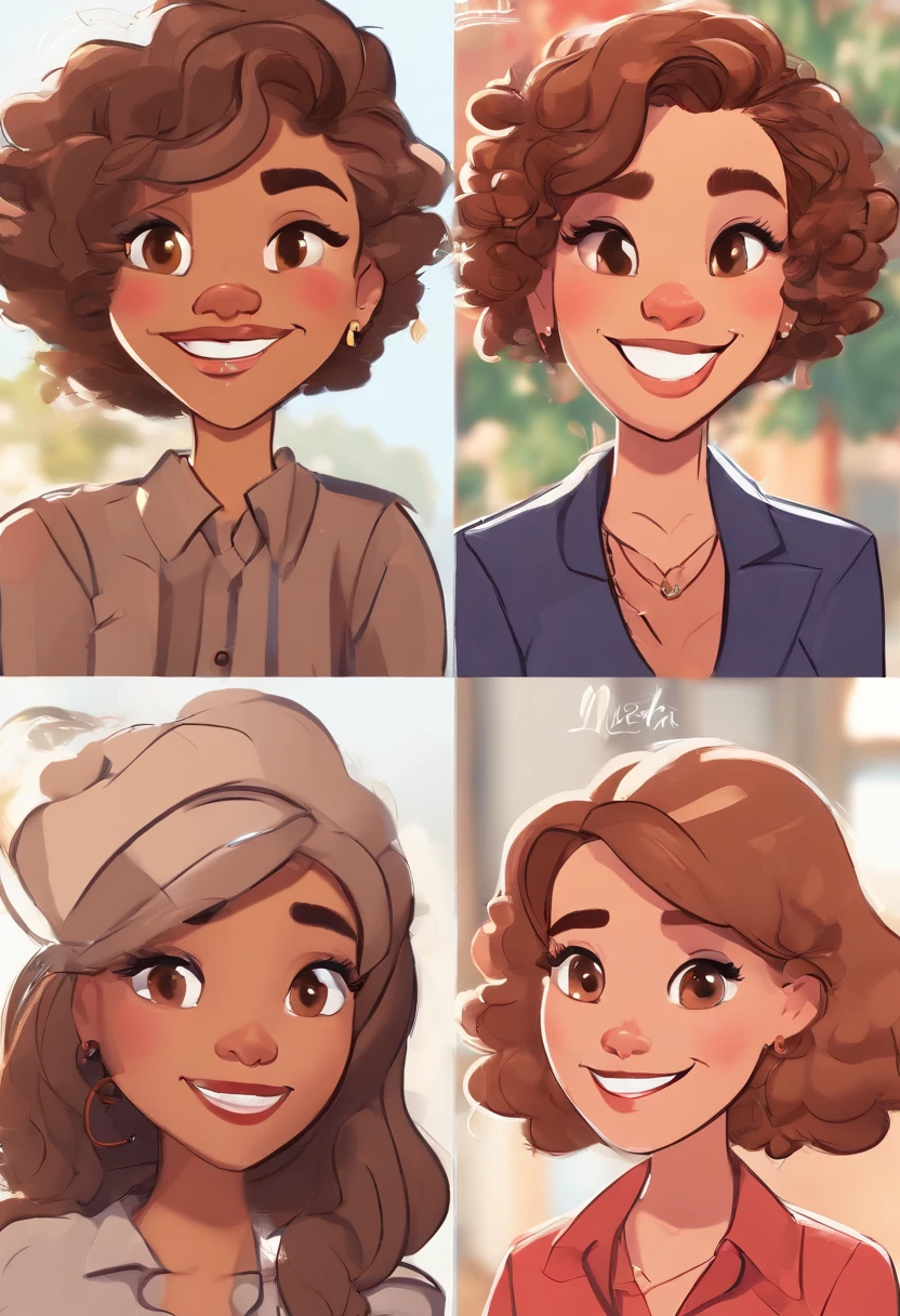 An illustration of an adorable couple, Spotlight on a mulatto man with beard in a bald red cap and wedding suit outfit, e uma mulher cabelo cacheado nos ombros com lindos olhos expressivos e roupa elegante casamento simples, The man's skin is mulatto ,Woman's skin is light brown, Woman's hair is curly on the shoulders with highlights. They are a bright room, cada um com um sorriso no rosto, e compartilhar um momento especial caracterizado pelo amor, Insights. Illustrate this scene from a perspective where they are facing the camera, Smiling and Showing Your Connection. Desenvolva esta arte em Full HD, Focus on your cinematic touch, Estilo Disney Pixar Animations