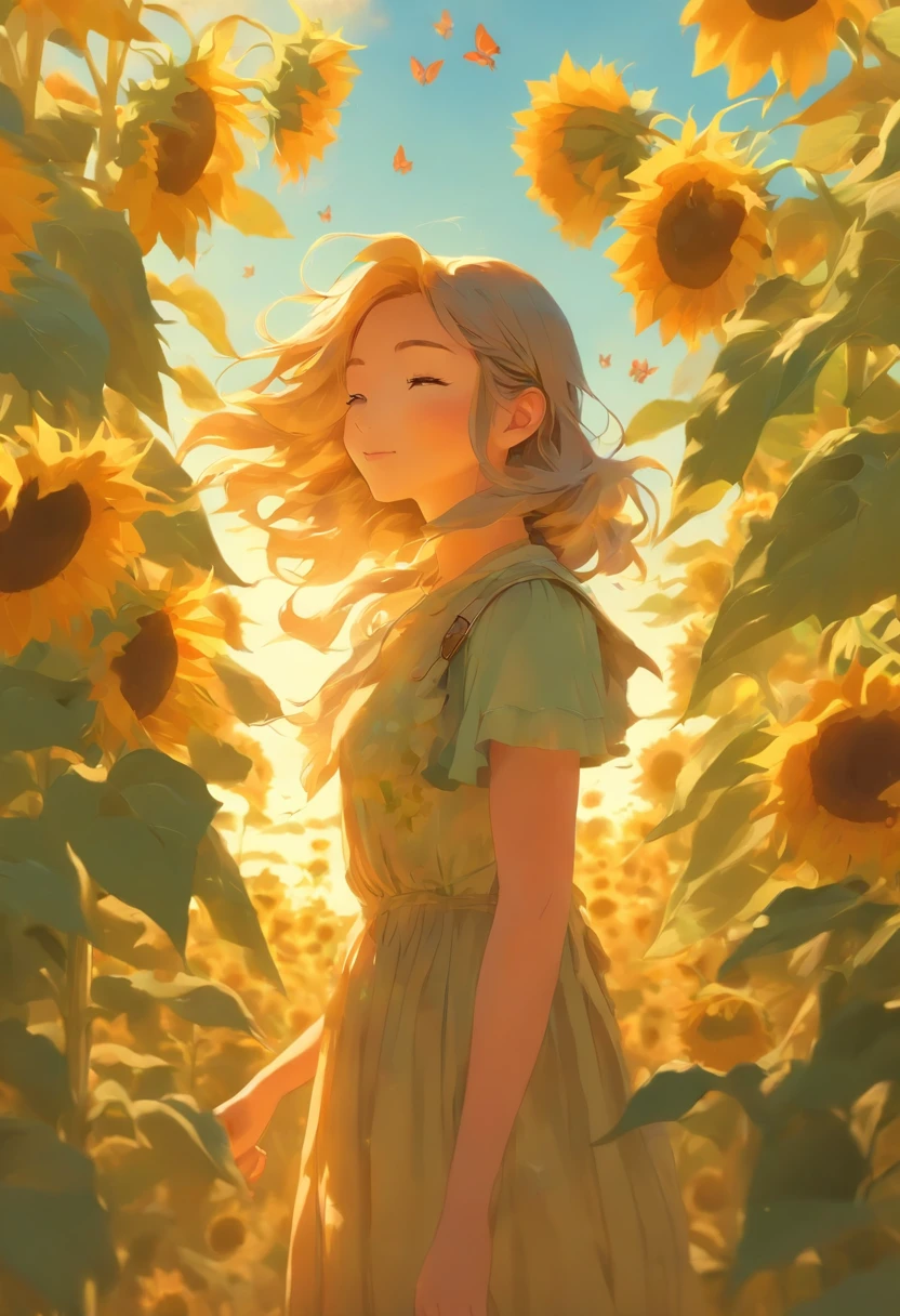 (a girl standing in a sunflower field),sunflowers,beautiful detailed petals,light yellow and bright,yellow and green stems,detailed leaves and veins,butterflies dancing around the flowers,warm sunlight filtering through the petals,vivid colors,soft and gentle breeze,rustling sound of leaves,golden hour lighting,best quality,ultra-detailed,realistic,photorealistic,accentuated colors,sunlit glow,natural beauty,peaceful and serene atmosphere,nature's masterpiece,lush and vibrant landscape,sunflower elemental energy