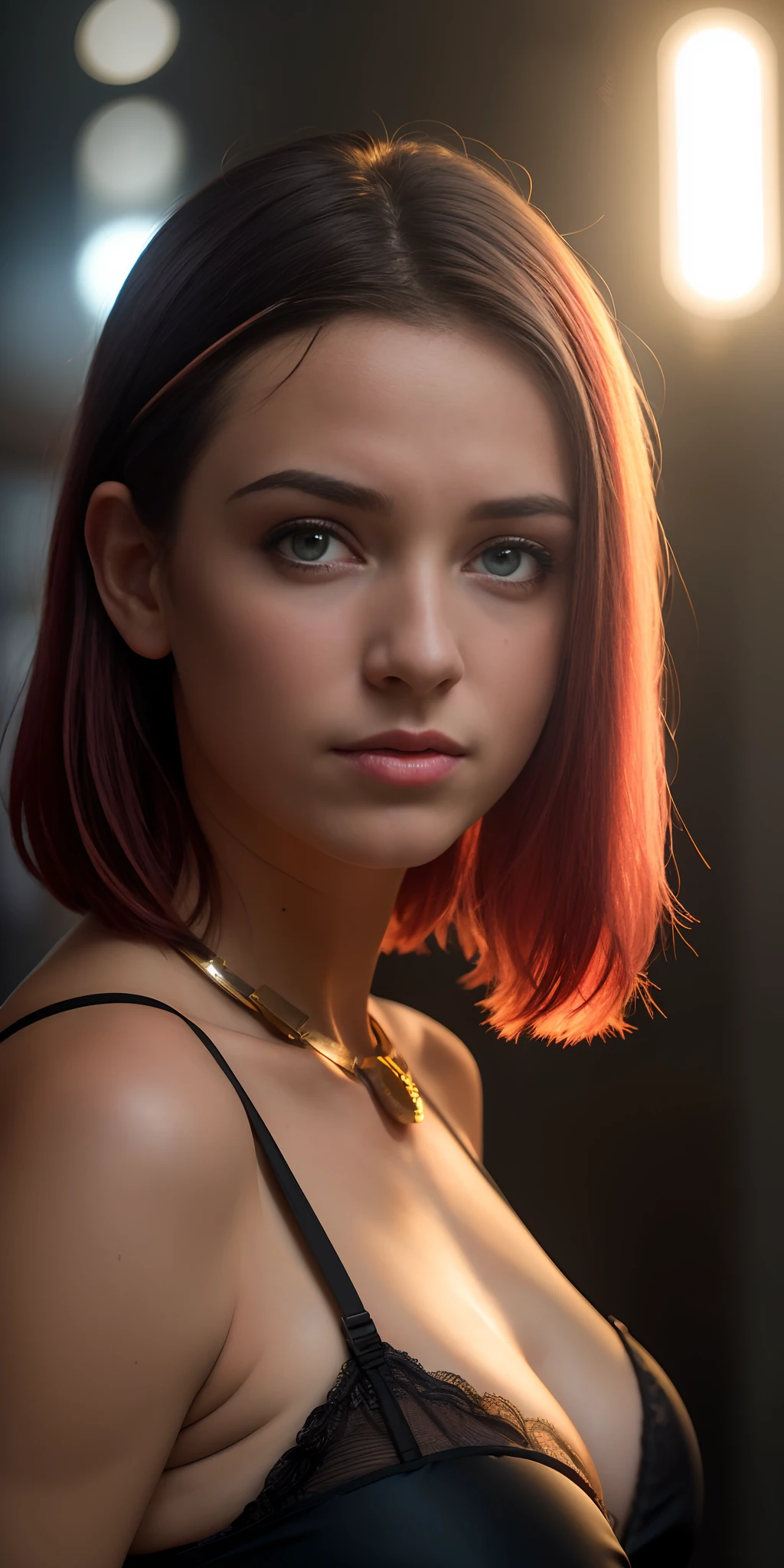 foto de retrato de rosto  de Anastasia Kozhevnikova de uma garota europe, RAW, mulher bonita, semi-open strawberry lips, covinhas, olhar saudoso, (extra longo cabelo castanho ondulado), ((rosto detalhado)), ((detailedfacialfeatures)), (pele finamente detalhada), pale skinned, (decote profundo detalhado vestido cyberpunk de alta tecnologia), ambiente de megacidade cyberpunk, (cores frias), humid, humid, reflexos, (obra-prima) (perfect aspect ratio)(foto realista)(melhor qualidade) (detalhado) fotografado em uma Canon EOS R5,  Lente de 50mm, F/2.8, HDR, (8k) (papel de parede) (cinematic lighthing) (lighting dramatic) (foco nítido) (intrincado),Foto RAW, foto de gigachad, posing for the camera, 8k uhd, dslr, alta qualidade, grain of film, Fujifilm XT3