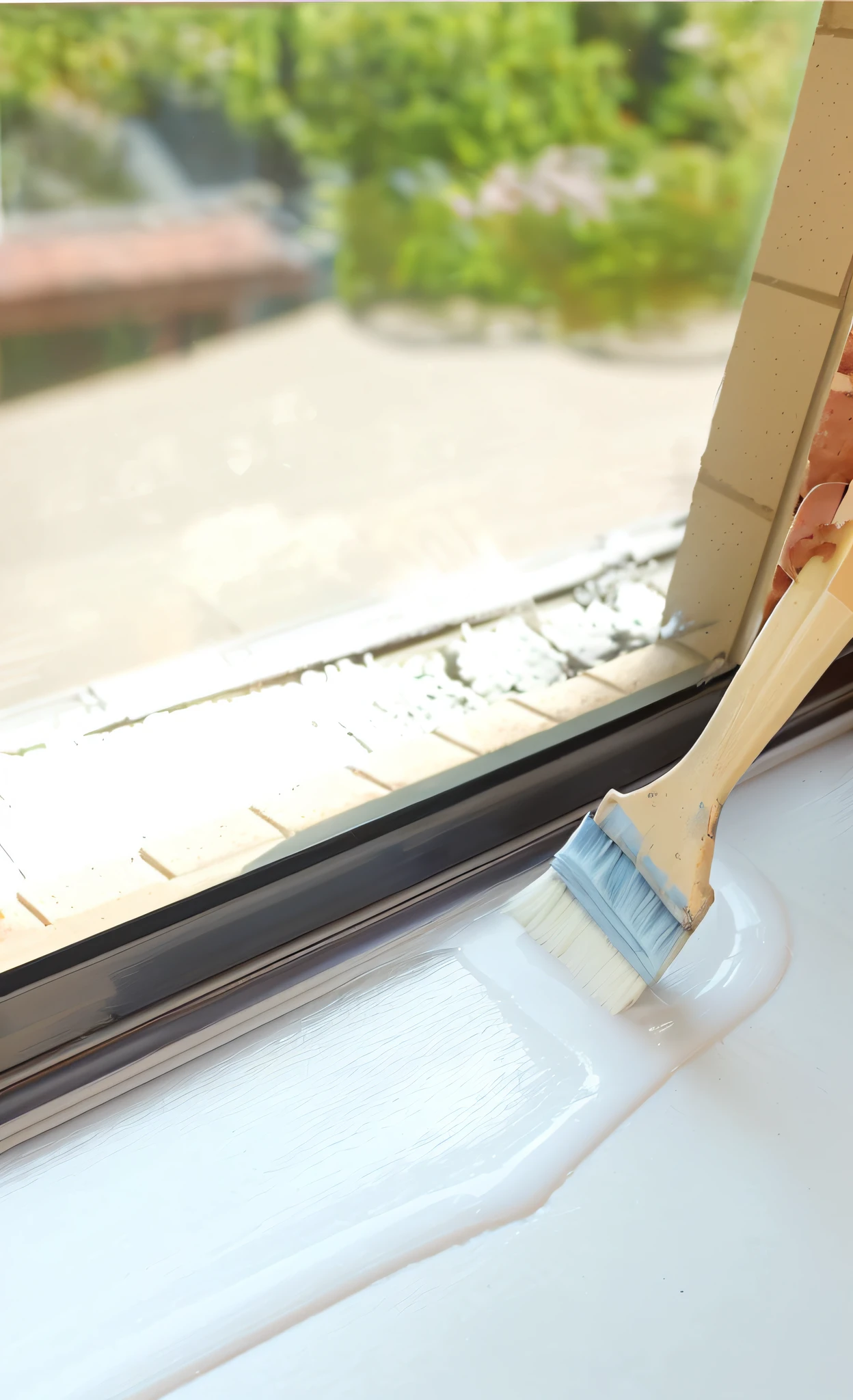 A window，The window sills are tiled，The brush is applying white clear paint，Outside the window is the blue sky and the sea