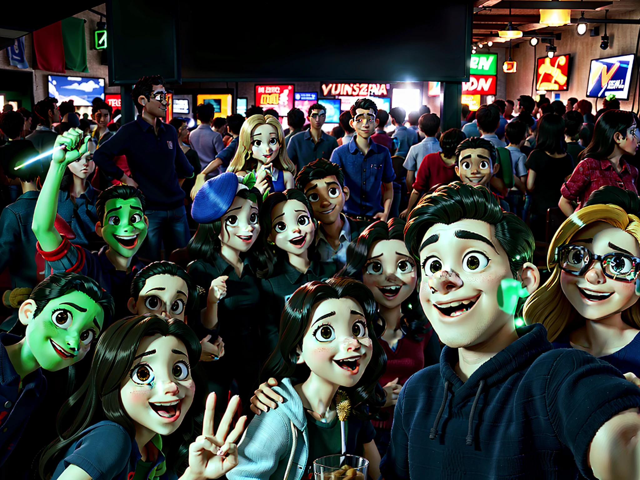 Several people are posing for a photo in a bar with a lot of people, audience selfie, lots of revelers, Fotografia tirada em 2 0 2 3, Pessoas do partido em segundo plano, bar lotado ao fundo, foto de grupo, Directed by: Nandor Soldier, muito lotado, Directed by: Ric Estrada, um grupo de pessoas, album photo, todo mundo se divertindo