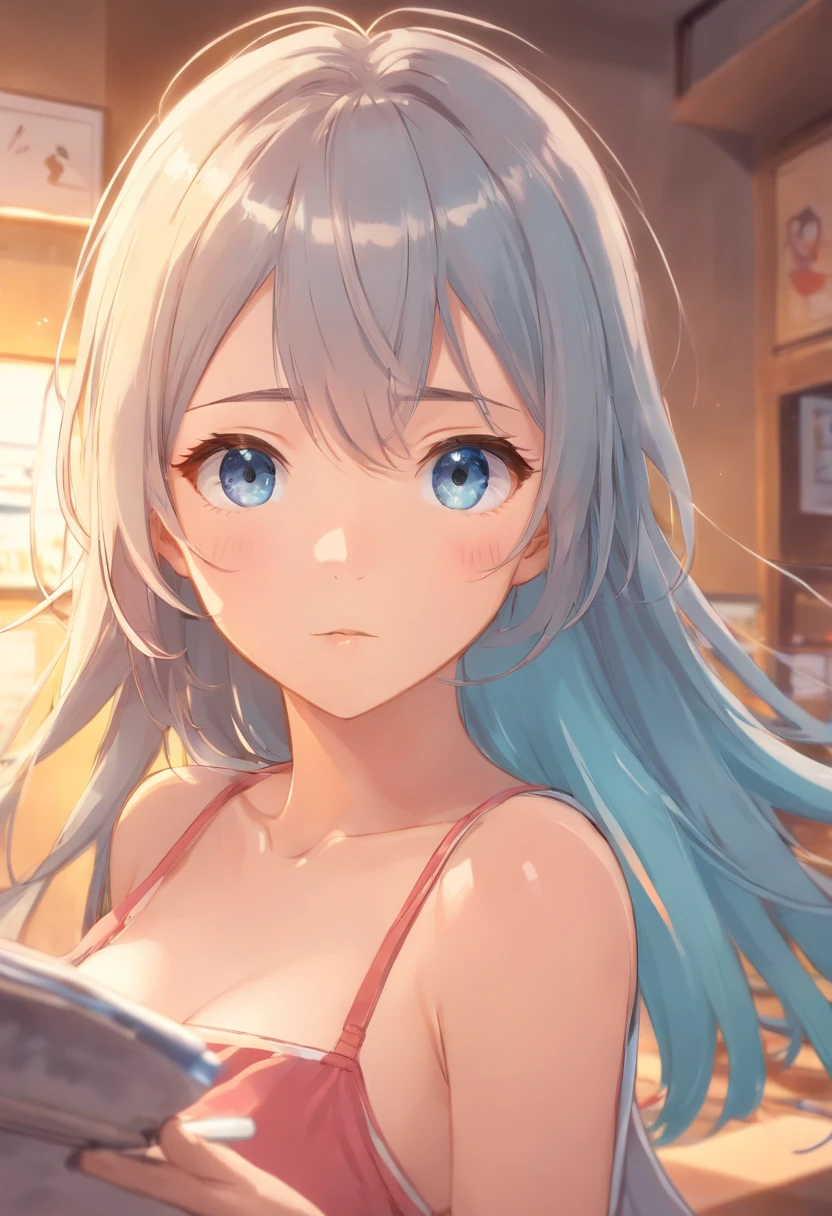 silber hair、Straight long hair to the waist、Sluggishness、Zito-order、cute little、The bangs grow slightly down only in the middle、small tits(A-cup)、skinny body shape、Thin legs、Light blue eyes、unclear、No Hair Accessories、short stature、、sleepy eyes(half-open eyes)、the nose is small、No lipstick、No makeup、Breasts are A cups

Full body painting、Anime Drawing