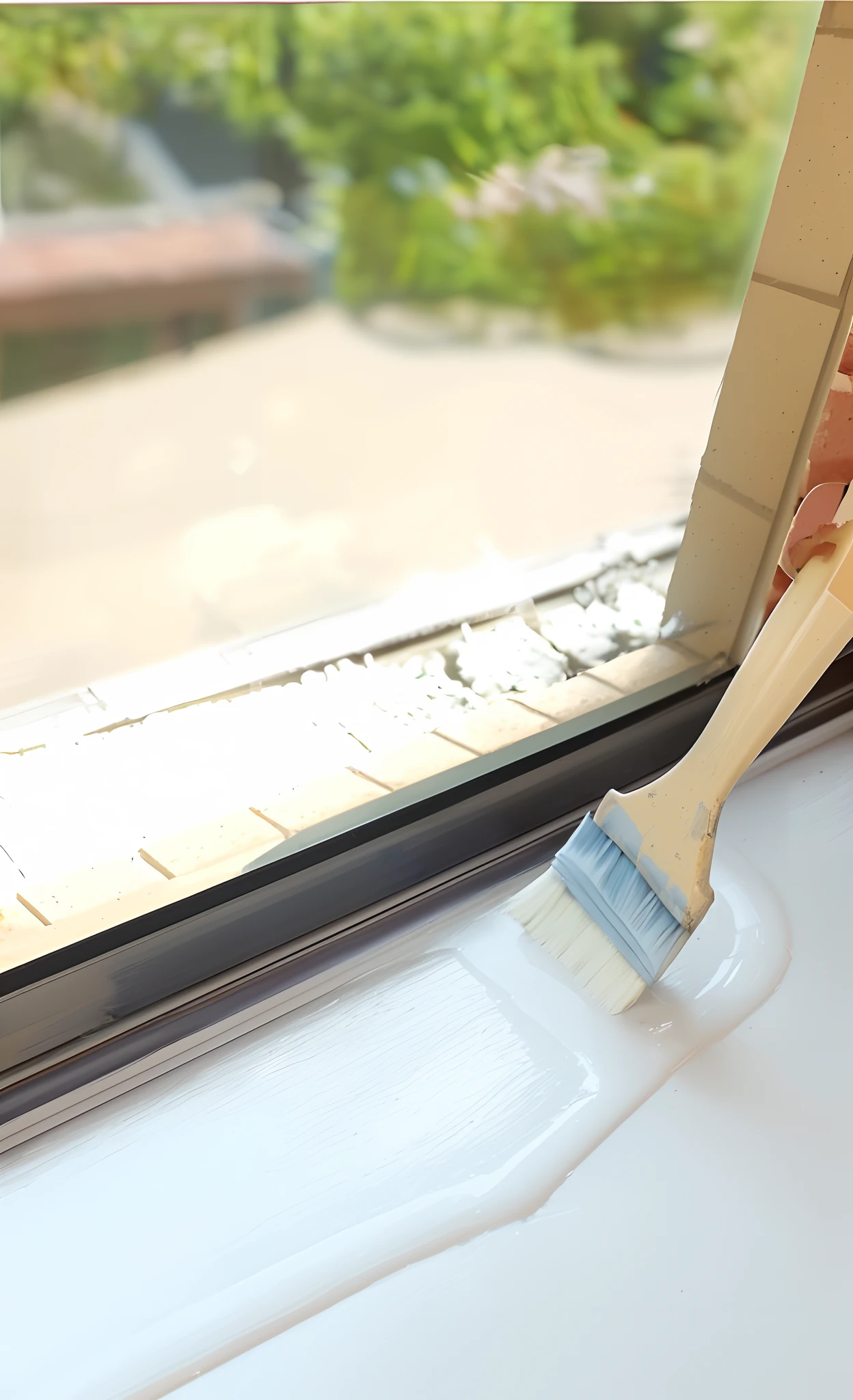 A window，The window sills are tiled，The brush is applying white clear paint，Outside the window is the blue sky and the sea