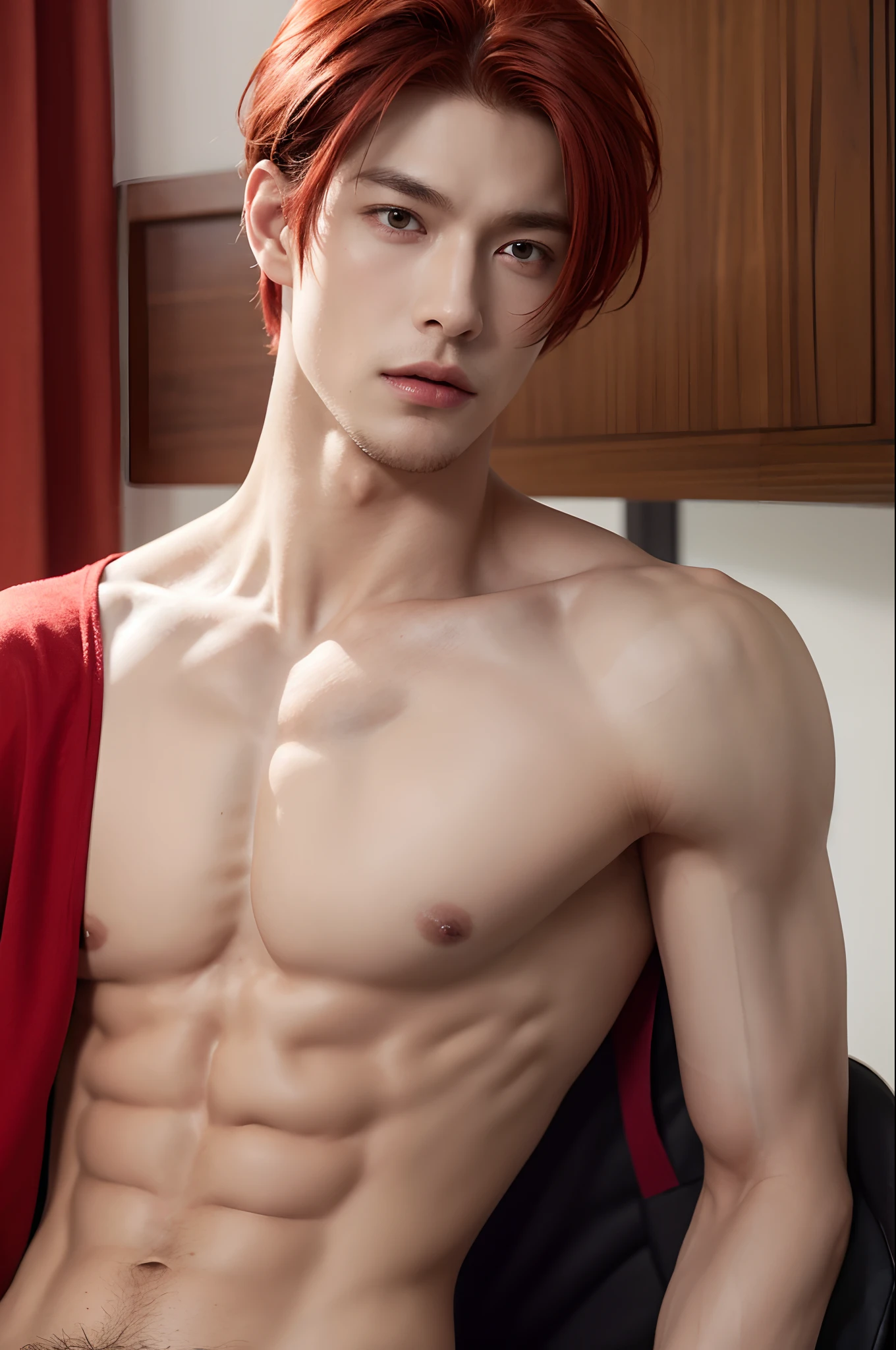 1boy, handsome, tall, thin, muscular, red hair, middle parted hair, cool face, jersey number "4", sharp eyes, showing off six pack, sweating, exhausted face, airy bakset, naked, cool boy, popular boy