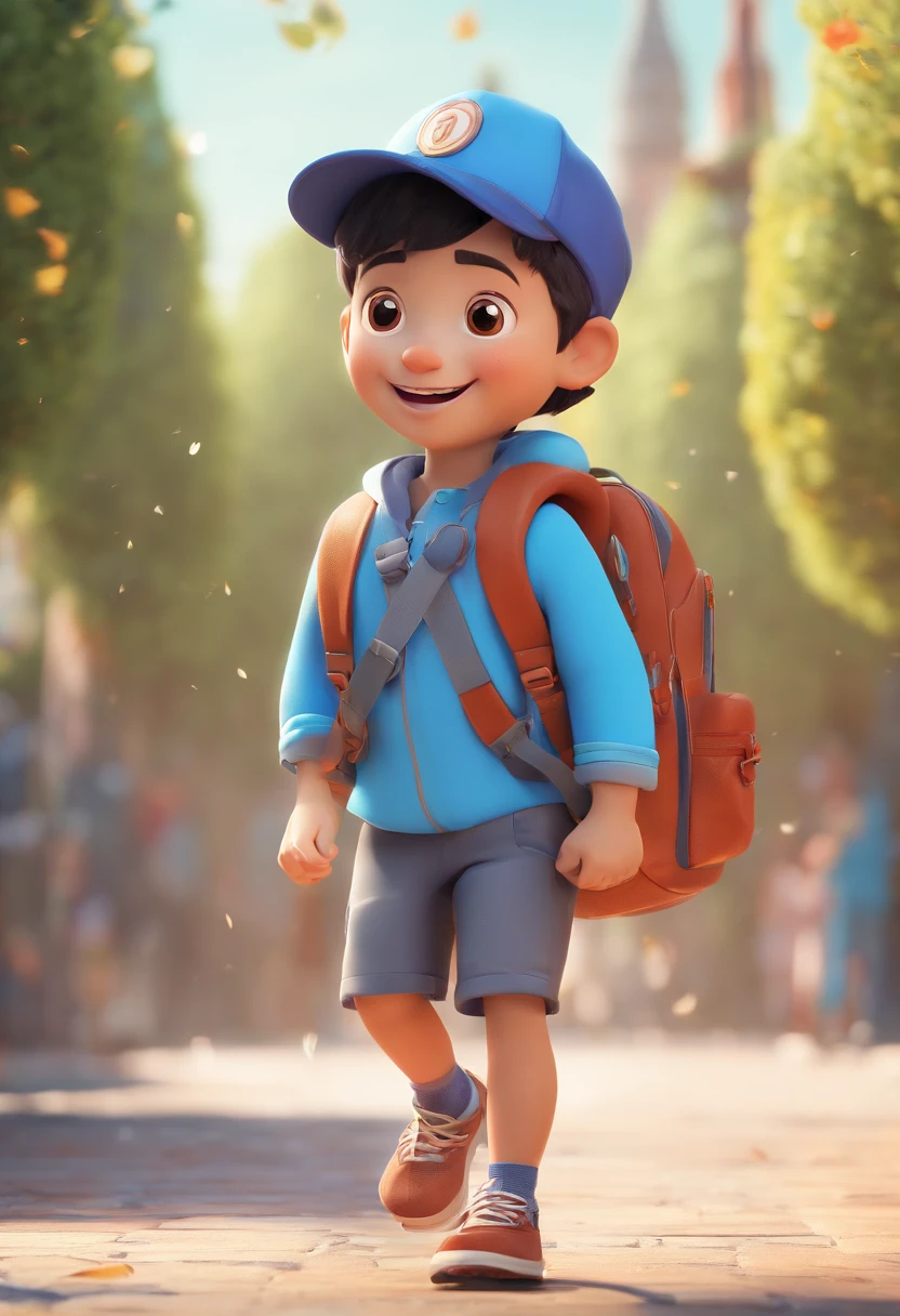Illustration of a boy,Full body photo,Asian littlehe smile is bright,Carrying 1 school bag,Field outings,happy grin,big laughter,Lively running,Blue hat,Blue backpack,Draw in 3D art style, C4D, with a pure white background, Disney style, Pixar style render illustrations in super detail, 8K