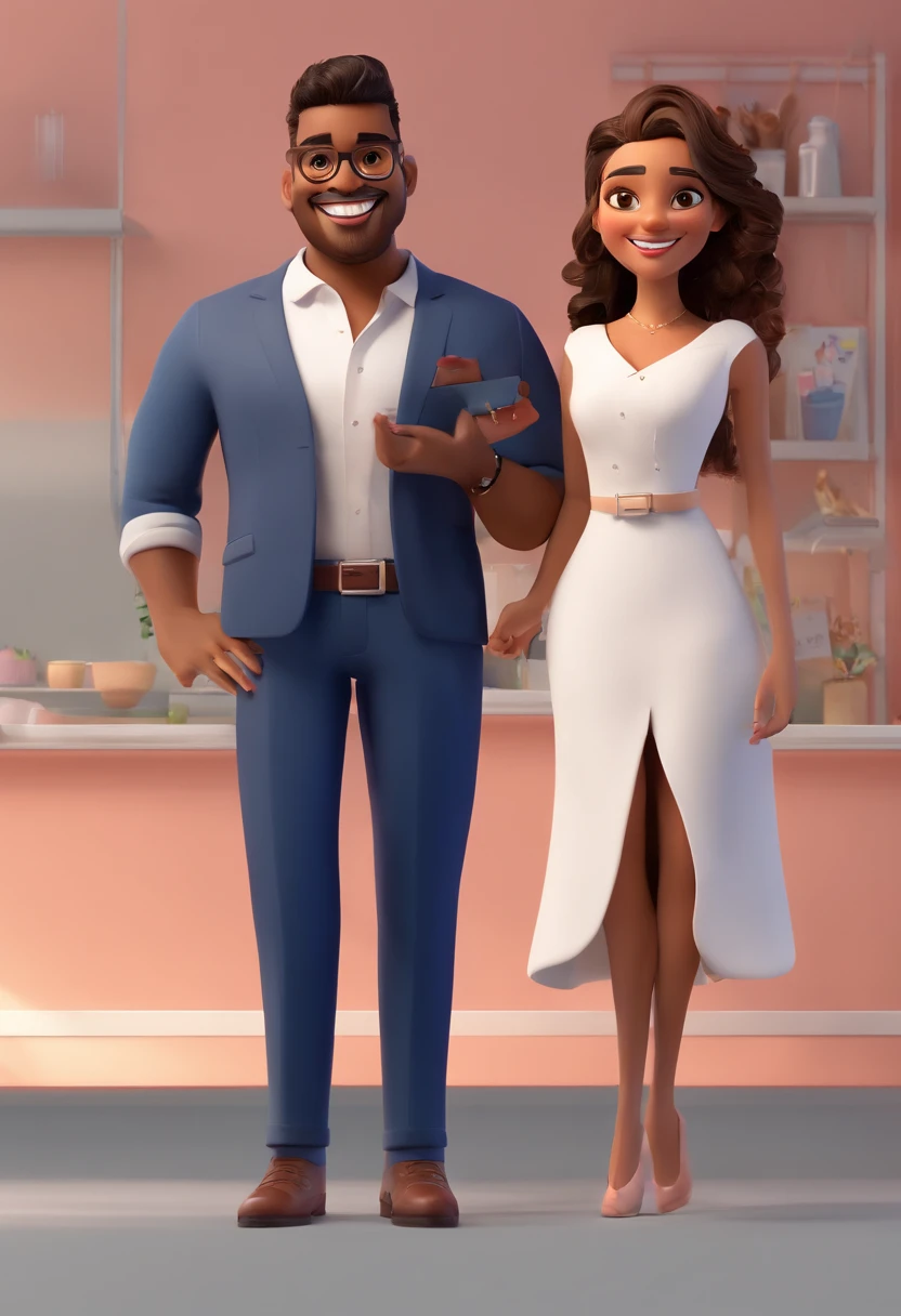 An illustration of an adorable couple, Highlight for a chubby mulatto man with glasses smiling and a brunette woman with beautiful expressive eyes - the man's skin is mulatto and the man's hair haswhile the woman's skin is black and the woman's hair is straight and brown. They are a bright room, cada um com um sorriso no rosto, e compartilhar um momento especial caracterizado pelo amor, Insights. Illustrate this scene from a perspective where they are facing the camera, Smiling and Showing Your Connection. Desenvolva esta arte em Full HD, Focus on your cinematic touch, Estilo Disney Pixar Animations