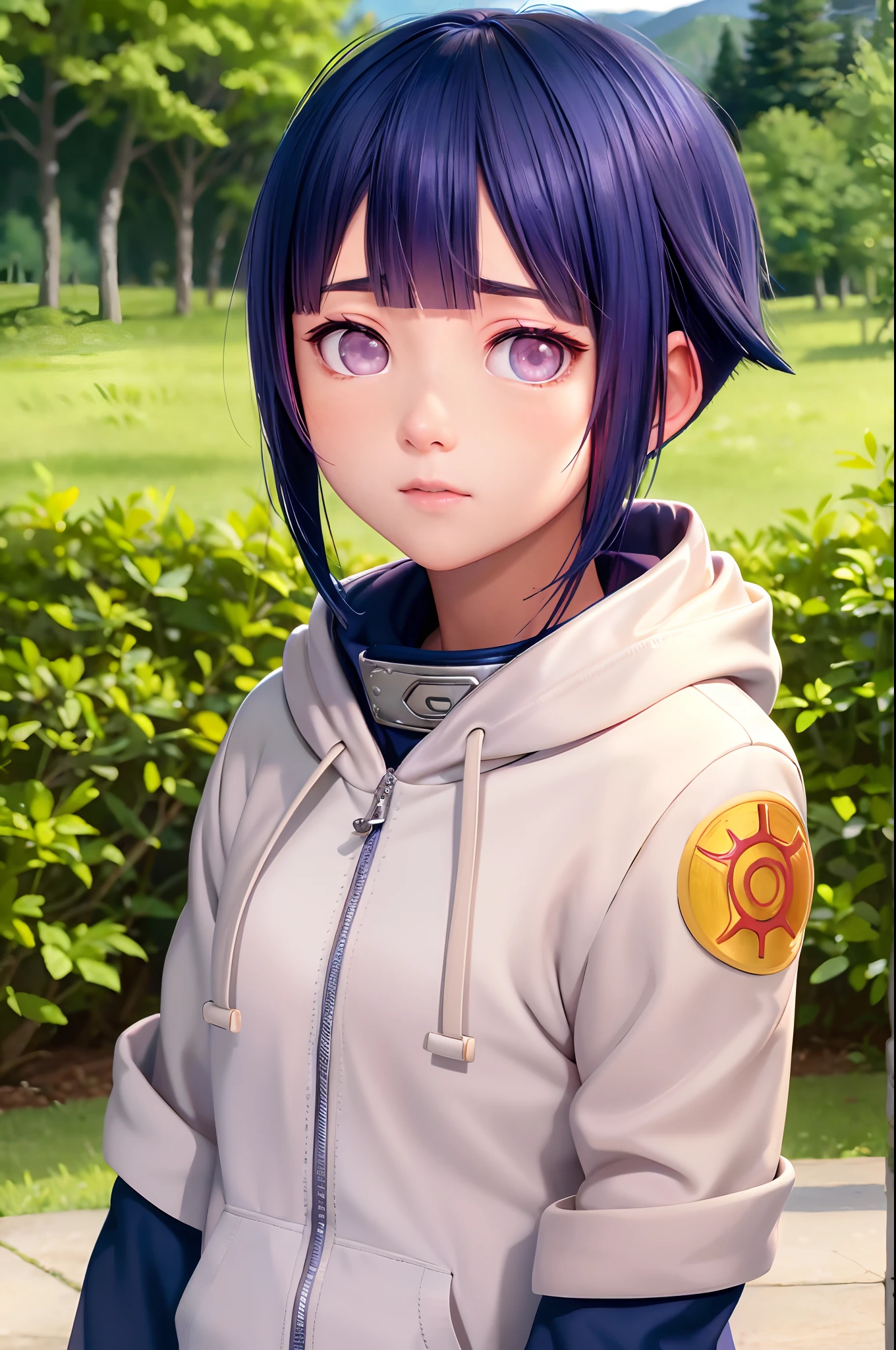 1girl, hinata_hyuuga, portrait, short hair, blue hair, blunt bangs, sidelocks, white eyes, no pupils, hoodie, forehead protector, jacket, mountain