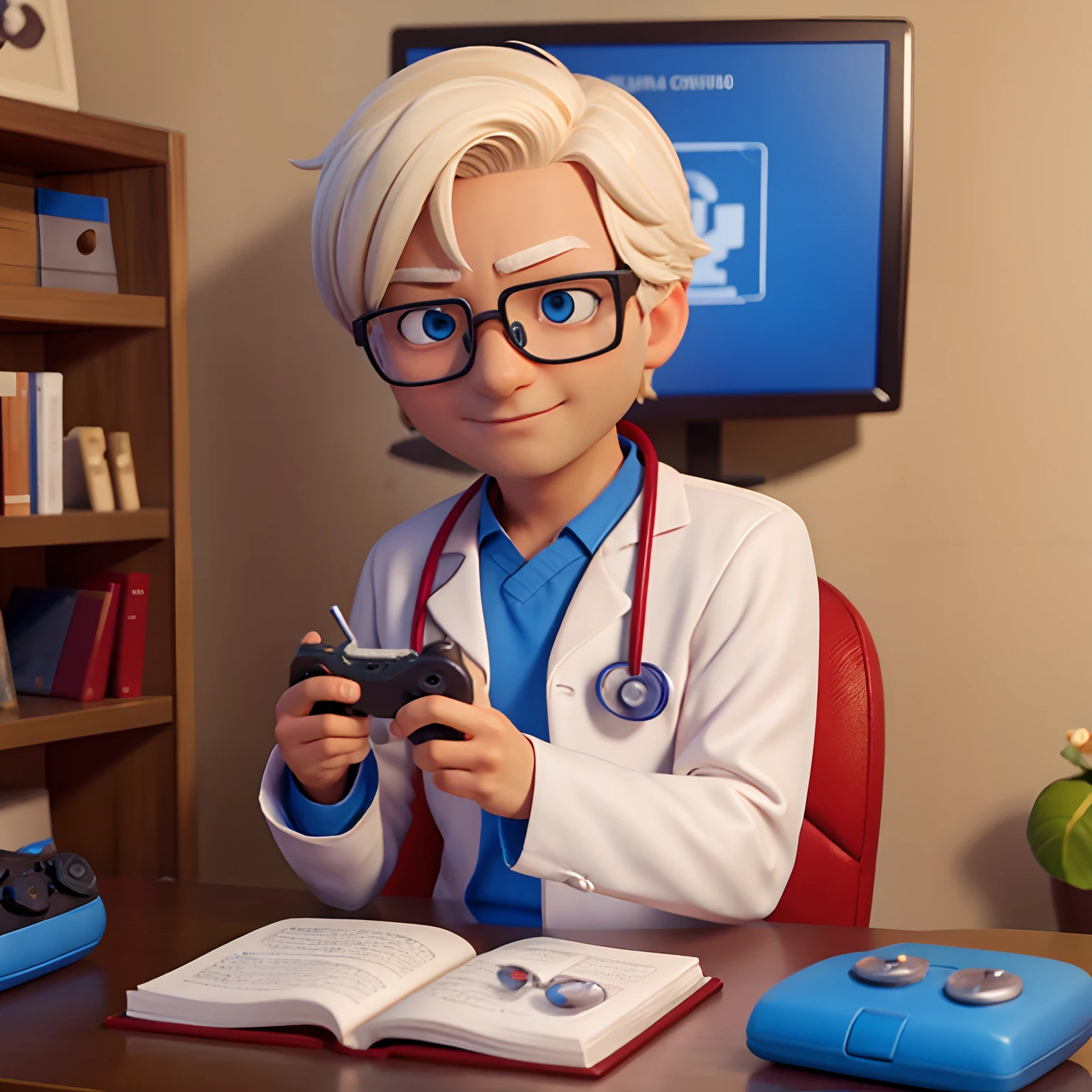 Doctor Man Playing Video Game, olhos castanhos, glasses, Feliz