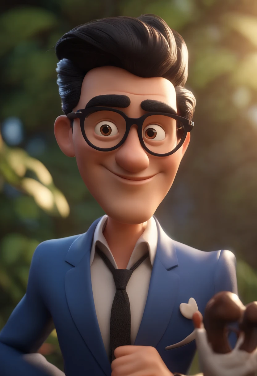 Cartoon character of a man wearing black glasses and a blue shirt, um personagem animado, Caractere estilizado, animation style rendering, 3D estilizado, Arnold Maya render, 3 d render stylized, toon render keyshot, Personagem 3D, Personagem 3D, 3d rendering stylized, 3 d character render, personagem de desenho animado, Personagem de close up, Pose de personagem, (Estilo Pixar) (master part:1.2) (Bokeh) (best quality) (pele detalhada) (textura detalhada) (8k) (argila) (Cinematic lighting) (foco nítido，Senta e vaza a parte superior do corpo