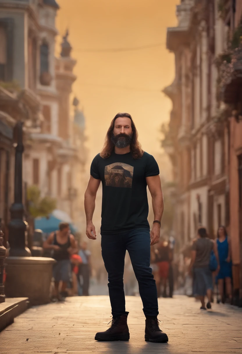 There's a man with long hair and beard taking a selfie, very low quality image, wearing t-shirt and combats, outfit photo, full body image, heavy grainy image, low quality photo, wearing apocalyptic clothes, he's wearing a black t-shirt, taken in 2022, Full body photo of Steve, Full body zoom out,  Make in Disney Pixar style 3D cartoon