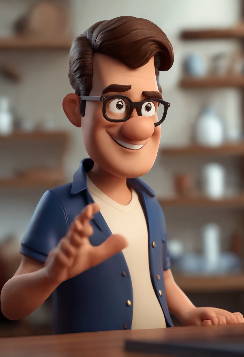 Cartoon character of a man with black glasses, cabelo cacheado marrom escuro e uma camisa azul, animation character, Caractere estilizado, animation style rendering, 3D estilizado, Arnold Maya render, 3 d render stylized, toon render keyshot, Personagem 3D, Personagem 3D, 3d rendering stylized, 3 d character render, personagem de desenho animado, Personagem de close up, Pose de personagem,  (Estilo Pixar) (master part:1.2) (Bokeh) (best quality) (pele detalhada) (textura detalhada) (8k) (argila) (Cinematic lighting) (foco nítido