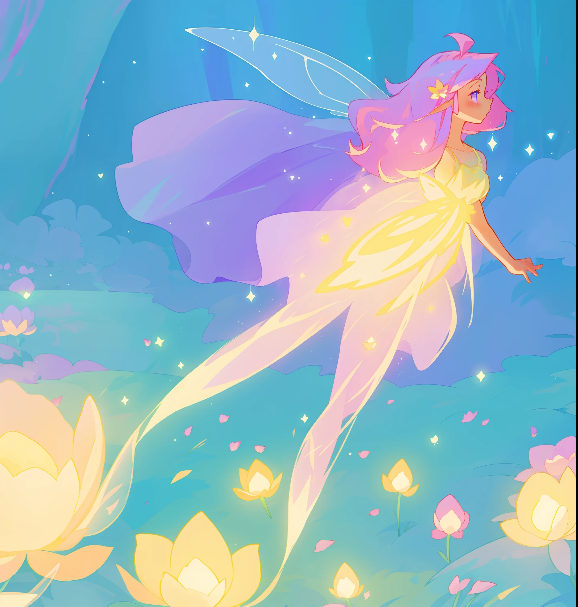 beautiful fairy girl in long flowing dress, fairy dress, (huge sparkling purple pink fairy wings), fairy queen, ((magical colorful otherworldly landscape)), ((gold fairy flowers)), glowing balls of light, flowers made of light, meadow filled with glowing golden flowers, (glowing fairy wings), glowing flowing ballgown, long pink hair, sparkling fairy wings, watercolor illustration, flowers and colorful plants, disney art style, glowing aura around her, glowing lights, beautiful digital illustration, fantasia otherworldly landscape plants flowers, beautiful, masterpiece, best quality, anime disney style