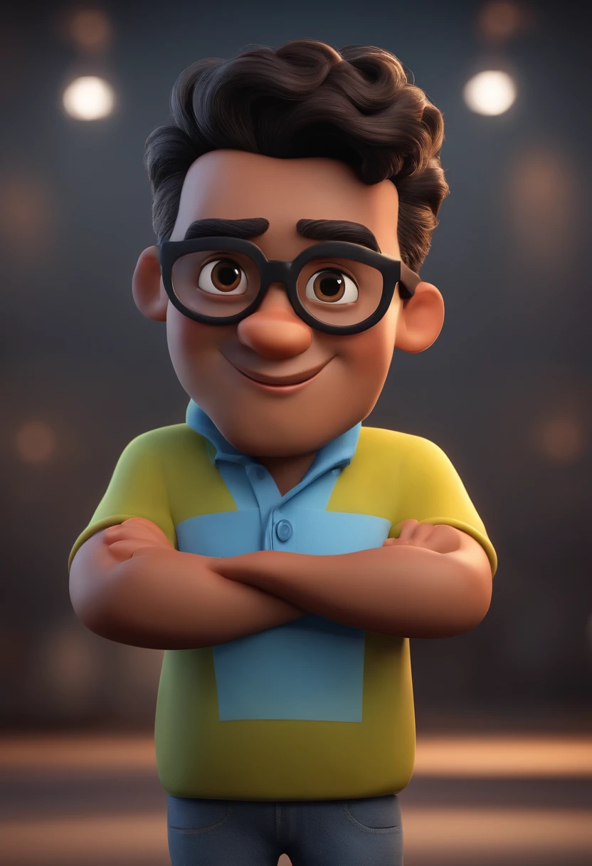 Cartoon character of a man with black glasses and a blue shirt, animation character, Caractere estilizado, animation style rendering, 3D estilizado, Arnold Maya render, 3 d render stylized, toon render keyshot, Personagem 3D, Personagem 3D, 3d rendering stylized, 3 d character render, personagem de desenho animado, Personagem de close up, Pose de personagem, (Estilo Pixar) (master part:1.2) (Bokeh) (best quality) (pele detalhada) (textura detalhada) (8k) (argila) (Cinematic lighting) (foco nítido