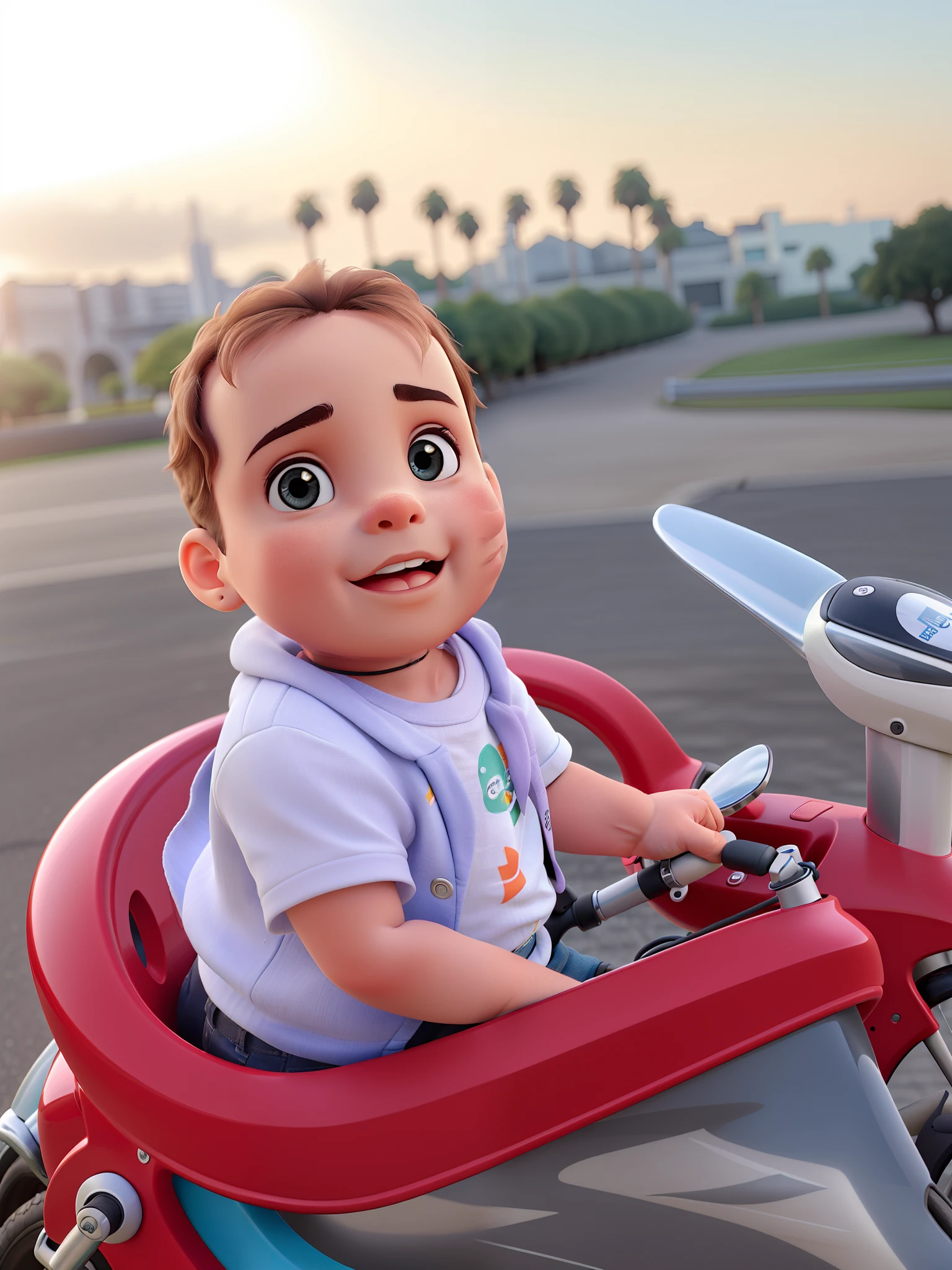 Um bebe andando de velotrol no parque