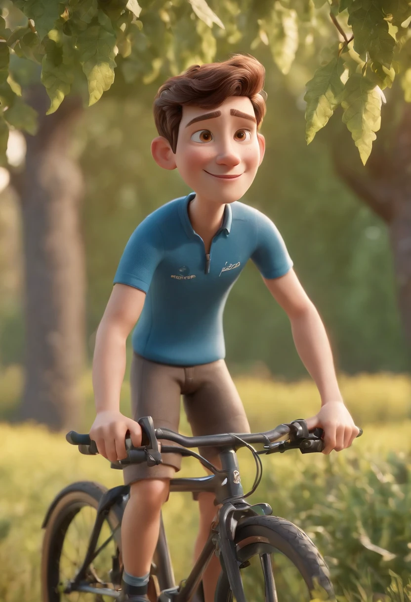 Cartoon character of a cyclist in cycling clothes holding a bicycle in front of a very large tree with hanging vines, animation character, Caractere estilizado, animation style rendering, 3D estilizado, Arnold Maya render, 3 d render stylized, toon render keyshot, Personagem 3D, Personagem 3D, 3d rendering stylized, 3 d character render, personagem de desenho animado, Personagem de close up, Pose de personagem, (Estilo Pixar) (master part:1.2) (Bokeh) (best quality) (pele detalhada) (textura detalhada) (8k) (argila) (Cinematic lighting) (foco nítido
