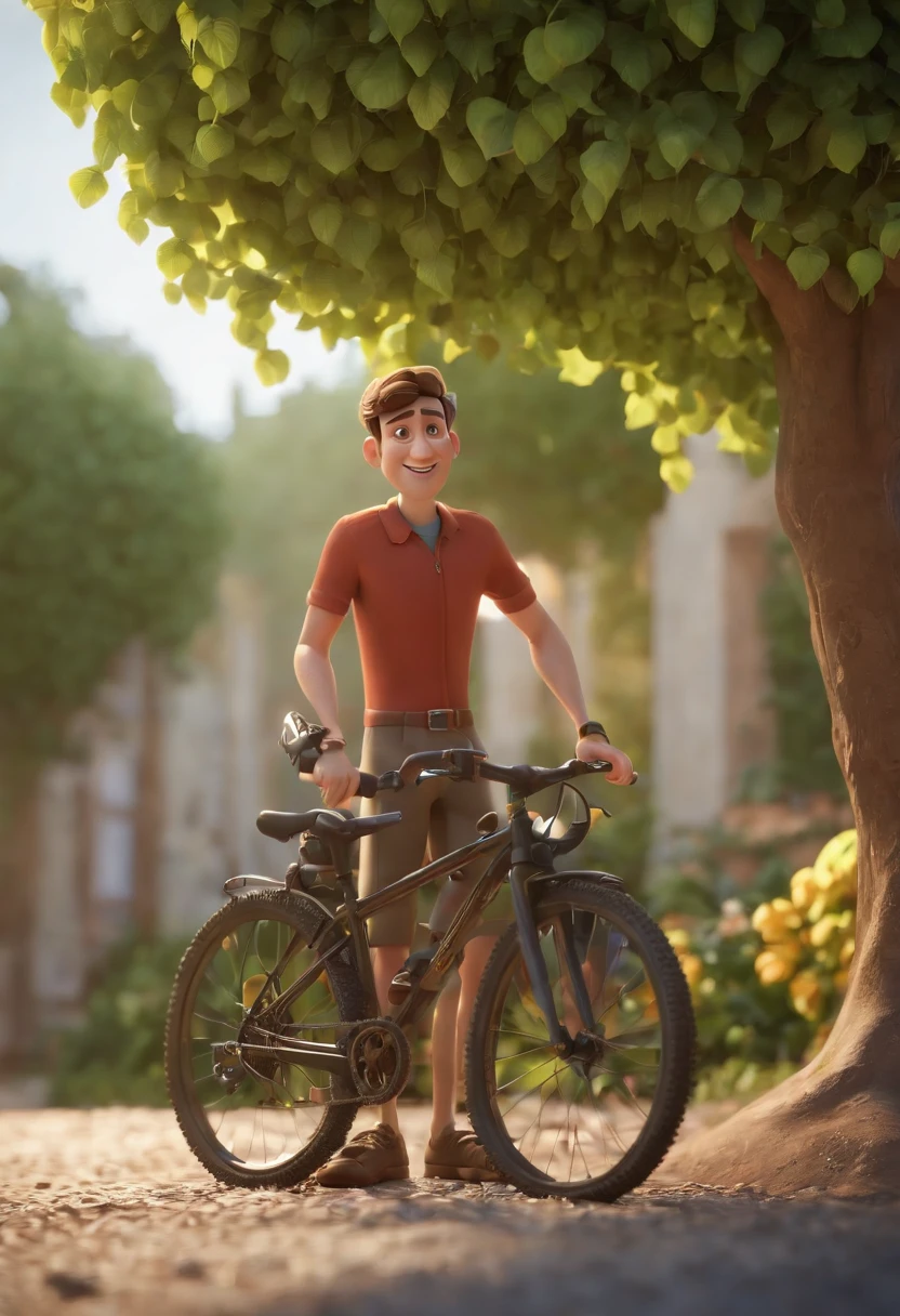 Cartoon character of a cyclist in cycling clothes holding a bicycle in front of a very large tree with hanging vines, animation character, Caractere estilizado, animation style rendering, 3D estilizado, Arnold Maya render, 3 d render stylized, toon render keyshot, Personagem 3D, Personagem 3D, 3d rendering stylized, 3 d character render, personagem de desenho animado, Personagem de close up, Pose de personagem, (Estilo Pixar) (master part:1.2) (Bokeh) (best quality) (pele detalhada) (textura detalhada) (8k) (argila) (Cinematic lighting) (foco nítido