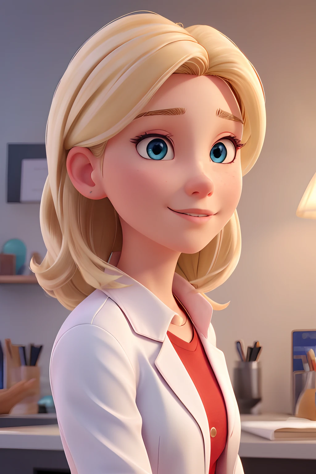 (best quality,realistic,4k),portrait,blonde female dermatologist doctor,white room in the background,red clothing and lab coat,blue eyes,meticulous detailing of facial features,professional attire,confident expression,relaxed posture,expertly styled blonde hair,impeccable makeup,well-lit scene,professional lighting setup,soft natural lighting,crisp focus,high resolution image,ultra-detailed rendering,vivid colors,realistic skin tones,subtle shadows,studio-like atmosphere