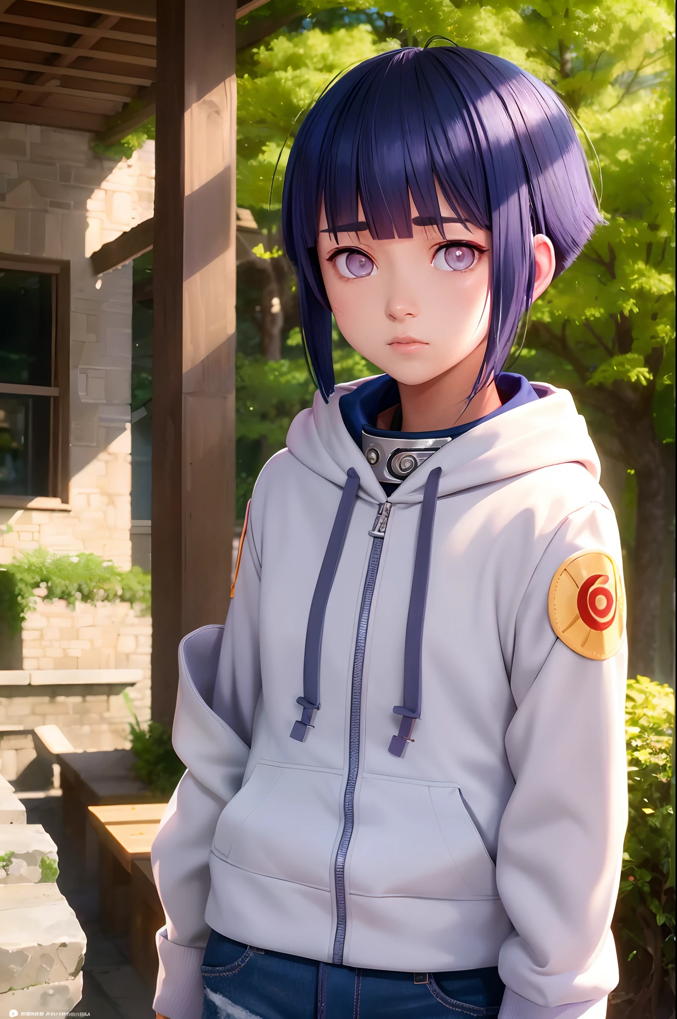 1girl, hinata_hyuuga, portrait, short hair, blue hair, blunt bangs, sidelocks, white eyes, no pupils, hoodie, forehead protector, jacket, mountain