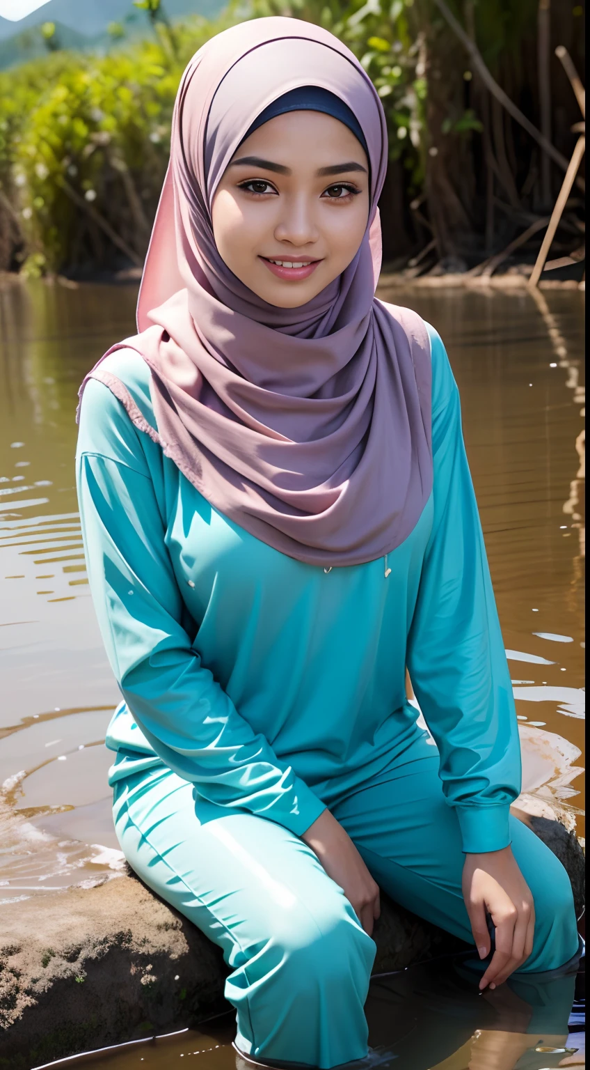 RAW, Best quality, high resolution, masterpiece: 1.3), beautiful Malay woman in hijab (iu:0.8),Best quality, high resolution, Masterpiece: 1.3, Beautiful  hijabi malay girl, Masterpiece, Soft smile,Beautiful Malay women wear pastel color hijab sitting on muddy rice paddy field, bright sunshine, hiking clothes, pullover, long pants, highres,4k,HDR,1girl, photorealistic, realistic,sweat skin, wet clothes, wet body, big breast, ((full body))soaked, dripping, smiling at viewer, closeup