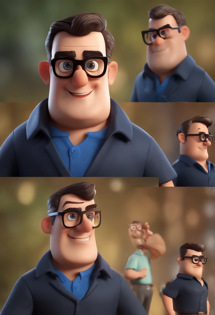 Cartoon character of a man with black glasses and a blue shirt, animation character, Caractere estilizado, animation style rendering, 3D estilizado, Arnold Maya render, 3 d render stylized, toon render keyshot, Personagem 3D, Personagem 3D, 3d rendering stylized, 3 d character render, personagem de desenho animado, Personagem de close up, Pose de personagem,  (Estilo Pixar) (master part:1.2) (Bokeh) (best quality) (pele detalhada) (textura detalhada) (8k) (argila) (Cinematic lighting) (foco nítido