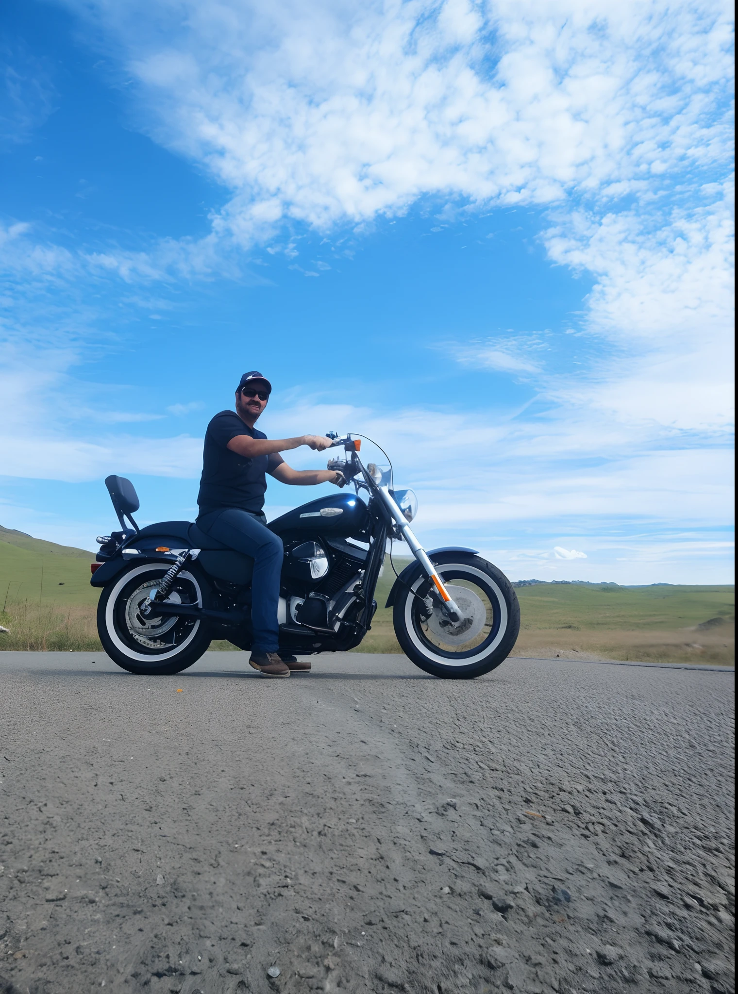 there is a man sitting on a motorcycle on the road, Andar na estrada, imagem de um motociclista masculino, pilotando uma motocicleta, sentado em uma motocicleta, touring, motociclista, andar de moto, Harley Davidson Moto, standing bravely on the road, motociclista, tiro de corpo inteiro, Harley Davidson, lonely rider, em uma estrada, Cavalgando na cidade de Doom