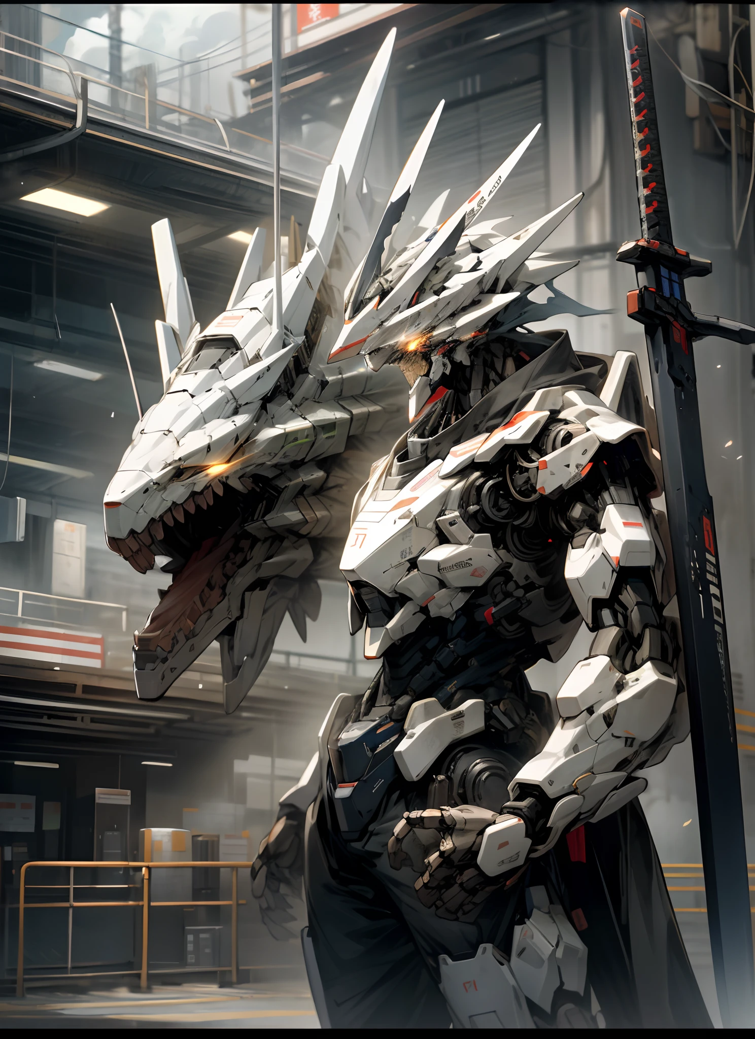 heaven, nuvem, holding_weapon, no_humans, brilhante, Roboto, bilding, glowing_eyes, mecha dinossauro, fiction_scientist, cidade, realista, mecha
