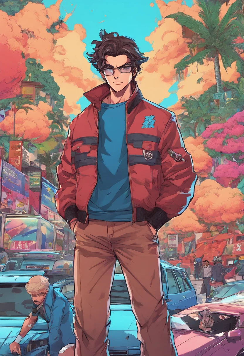 anime, menino, olho azul, cabelos castanhos, jaqueta azul escura, camisa branca, black pants, com fuzil.