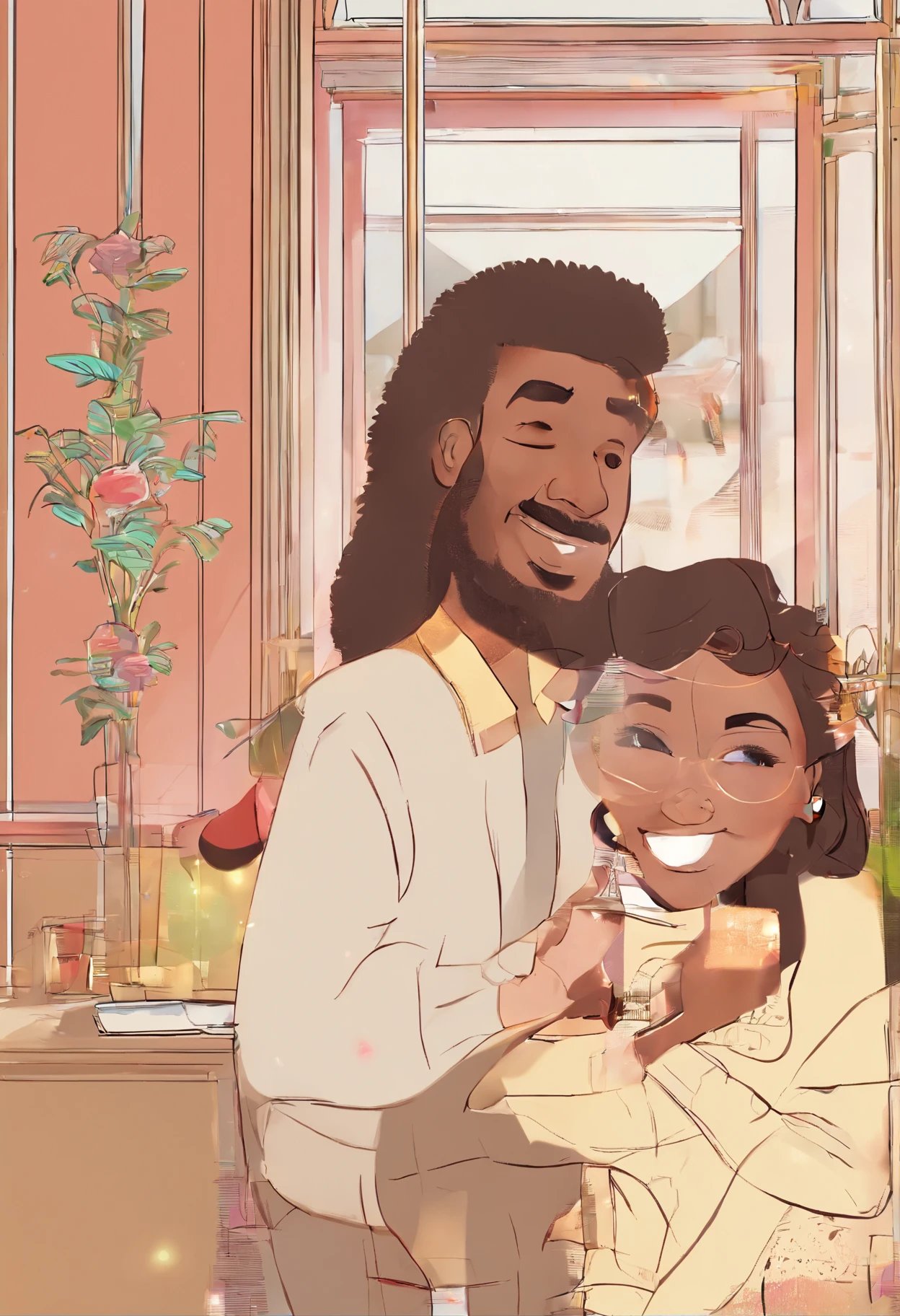 An illustration of an adorable couple, Highlight for a chubby mulatto man with glasses smiling and a brunette woman with beautiful expressive eyes - the man's skin is mulatto and the man's hair haswhile the woman's skin is black and the woman's hair is straight and brown. They are a bright room, cada um com um sorriso no rosto, e compartilhar um momento especial caracterizado pelo amor, Insights. Illustrate this scene from a perspective where they are facing the camera, Smiling and Showing Your Connection. Desenvolva esta arte em Full HD, Focus on your cinematic touch, Estilo Disney Pixar Animations