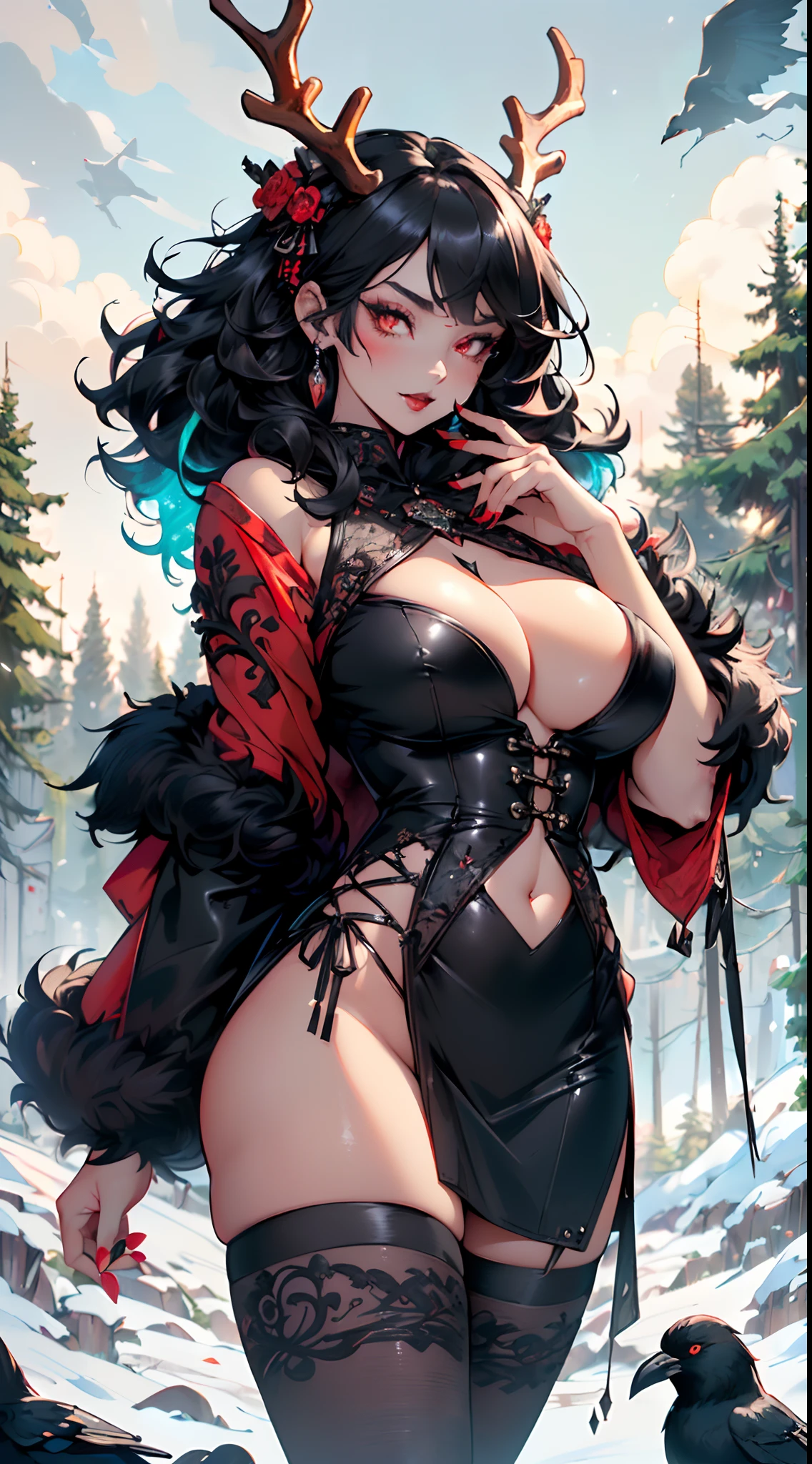 gothic reindeer girl,(((1girl))),((extremely cute and beautiful black haired anime gothic reindeer girl)),

(((anthro furry:1.2), Playboy_Reindeer, reindeer_antlers,(huge antlers:1.2,dear antlers:1.2,blooming antlers:1.2))),(large breasts:1.4),saggy breasts,((((black curly hair:1.35,medium hair,colored inner hair,ear breathing)))),(((red_eyes:1.3))),intricate eyes,beautiful detailed eyes,symmetrical eyes,big eyes:1.5,((fat)),(((lustrous skin:1.5,bright skin: 1.5,skin tanned,shiny skin,very shiny skin,shiny body,plastic glitter skin,exaggerated shiny skin,illuminated skin))),(spider lower abdomen,narrow waist,wide hip,athletic body,inflated legs,detailed body,(detailed face)),

cute,slutty,seductive,erotic,(((nsfw))),

zettai ryouiki,revealing clothing,show skin,(((Sexy goth fur coat, goth fur coat outfit, wearing a goth fur coat:1.3,dark red winter coat))),((red goth mini-skirt,red goth mini skirt with furry edge,visible thong straps, navel)),(red gothic clothes,semi-naked,with little goth clothing),((((Black Eyeshadow,Thick Black Eyeliner,Long Dramatic Eyelashes,Black Lips))),(crows flying in the background:1.3),(((intricate outfit,intricate clothes,embroidered outfit,ornate outfit))),

(dynamic pose:1.0),embarrassed,(centered,scale to fit dimensions,Rule of thirds),

((snowy pine forest at night)), with dark stormy clouds,winter,scenery:1.25,((snow forest background)),Christmas tree,

highres,sharp focus,(ultra detailed,extremely detailed),(photorealistic artwork:1.37),(extremely detailed CG unity 8k wallpaper),(((vibrant colors,vibrant theme))),(intricate),(masterpiece),(best quality),