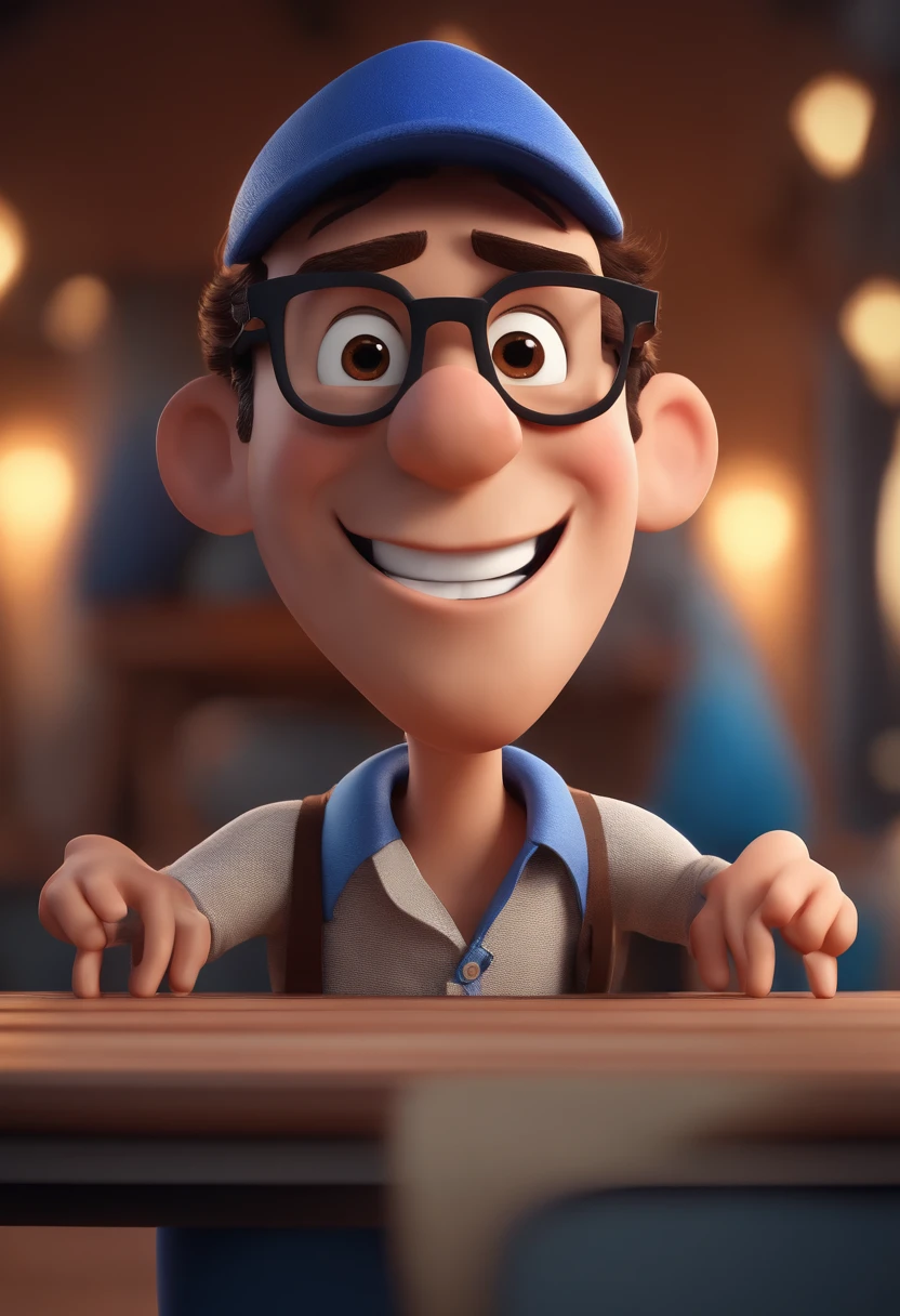 Cartoon character of a man with black glasses and a blue shirt, animation character, Caractere estilizado, animation style rendering, 3D estilizado, Arnold Maya render, 3 d render stylized, toon render keyshot, Personagem 3D, Personagem 3D, 3d rendering stylized, 3 d character render, personagem de desenho animado, Personagem de close up, Pose de personagem,  (Estilo Pixar) (master part:1.2) (Bokeh) (best quality) (pele detalhada) (textura detalhada) (8k) (argila) (Cinematic lighting) (foco nítido