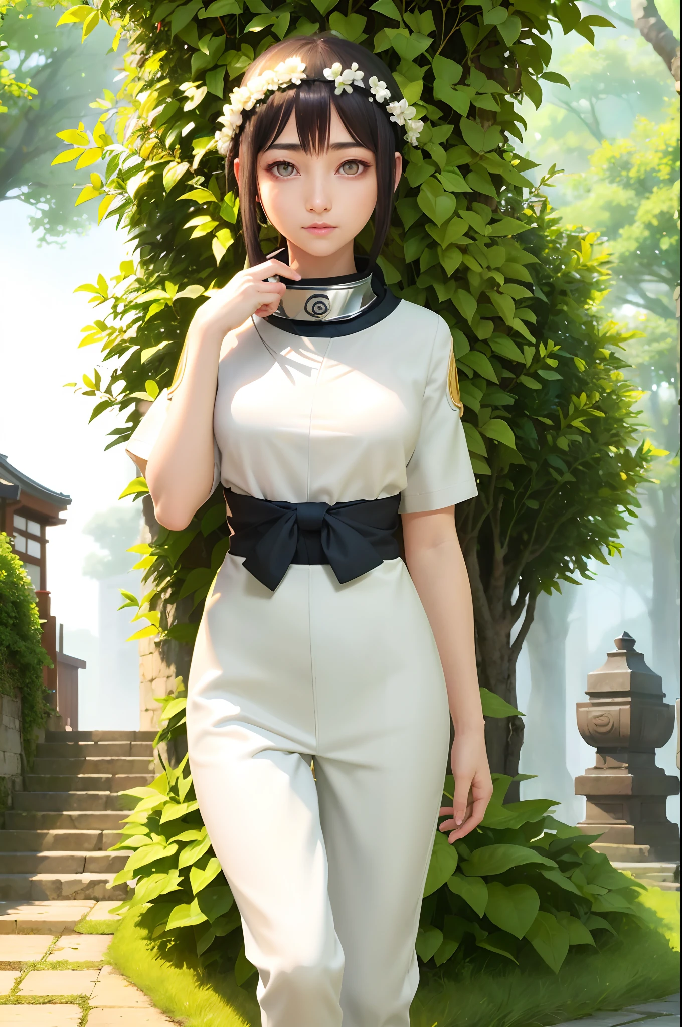 (best quality,highres,masterpiece:1.2),ultra-detailed,realistic,portraits,Hinata hyūga,beautiful detailed eyes,beautiful detailed lips,extremely detailed eyes and face,longeyelashes,fair skin,pale complexion,shiny black hair,shoulder-length hair,characteristic lavender eyes,calm expression,gentle smile,sympathetic gaze,slender figure,white-eyed ninja,Byakugan user,leaf village headband,ninja attire,68th head of Hyūga clan,protected by her Byakugan,peaceful garden background,lush green plants,colourful blooming flowers,soft sunlight streaming through trees,graceful pose,standing among the cherry blossoms,serene atmosphere,delicate beauty,subtle hint of determination,hint of wind gently blowing her hair,subtle shadows,painterly style,soft color palette,subdued tones,subtle highlights,subtle shading,natural lighting.