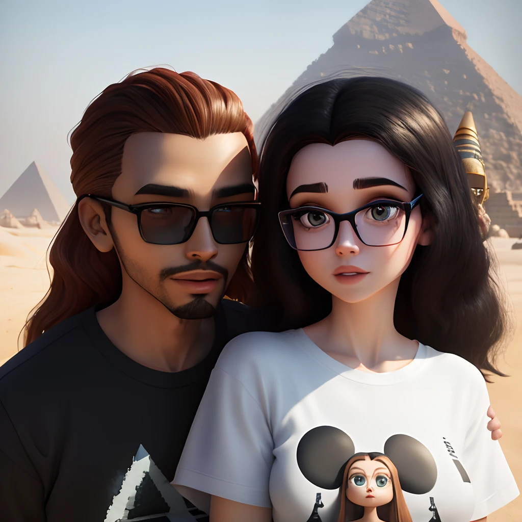 create Disney pixar style character, 3d girl with long brown hair, big eyes with light skin and white t-shirt, along with her 3d boyfriend with short black hair, big eyes, with glasses, light skin and with blue t-shirt, in the background they are with the pyramids in Egypt and the sphinx