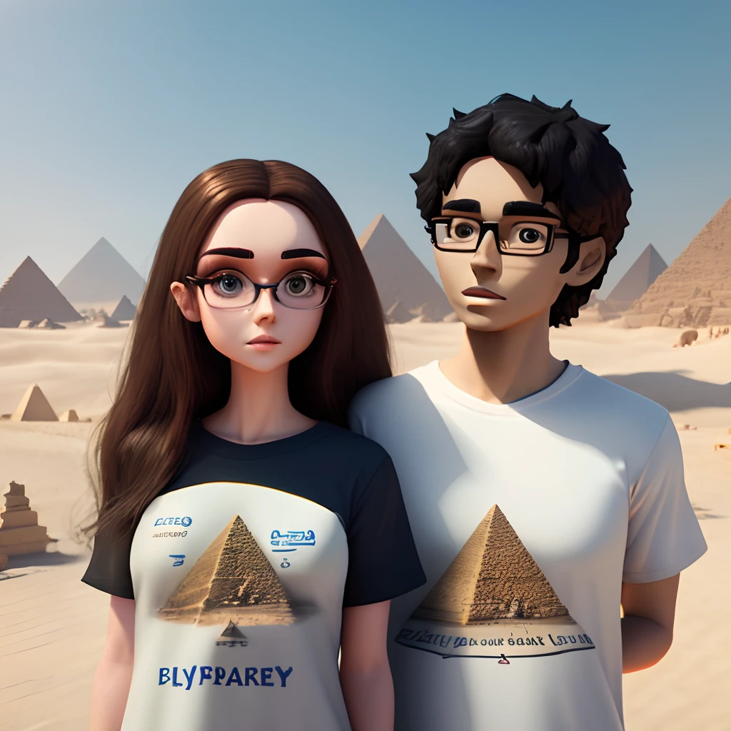 create Disney pixar style character, 3d girl with long brown hair, big eyes with light skin and white t-shirt, along with her 3d boyfriend with short black hair, big eyes, with glasses, light skin and with blue t-shirt, in the background they are with the pyramids in Egypt and the sphinx