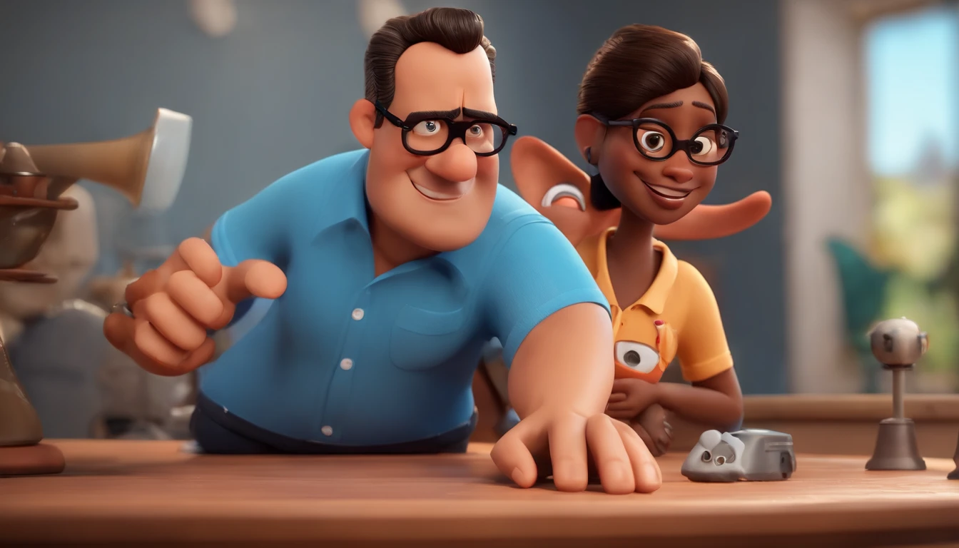 Cartoon character of a man wearing black glasses and a blue shirt, um personagem animado, Caractere estilizado, animation style rendering, 3D estilizado, Arnold Maya render, 3 d render stylized, toon render keyshot, Personagem 3D, Personagem 3D, 3d rendering stylized, 3 d character render, personagem de desenho animado, Personagem de close up, Pose de personagem, (Estilo Pixar) (master part:1.2) (Bokeh) (best quality) (pele detalhada) (textura detalhada) (8k) (argila) (Cinematic lighting) (foco nítido,Senta e vaza a parte superior do corpo