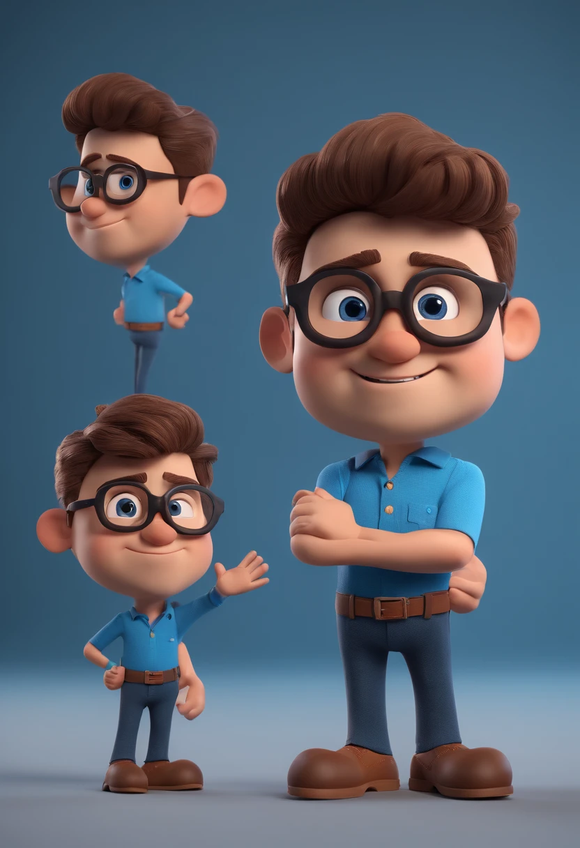 Cartoon character of a man with black glasses and a blue shirt, animation character, Caractere estilizado, animation style rendering, 3D estilizado, Arnold Maya render, 3 d render stylized, toon render keyshot, Personagem 3D, Personagem 3D, 3d rendering stylized, 3 d character render, personagem de desenho animado, Personagem de close up, Pose de personagem, (Estilo Pixar) (master part:1.2) (Bokeh) (best quality) (pele detalhada) (textura detalhada) (8k) (argila) (Cinematic lighting) (foco nítido