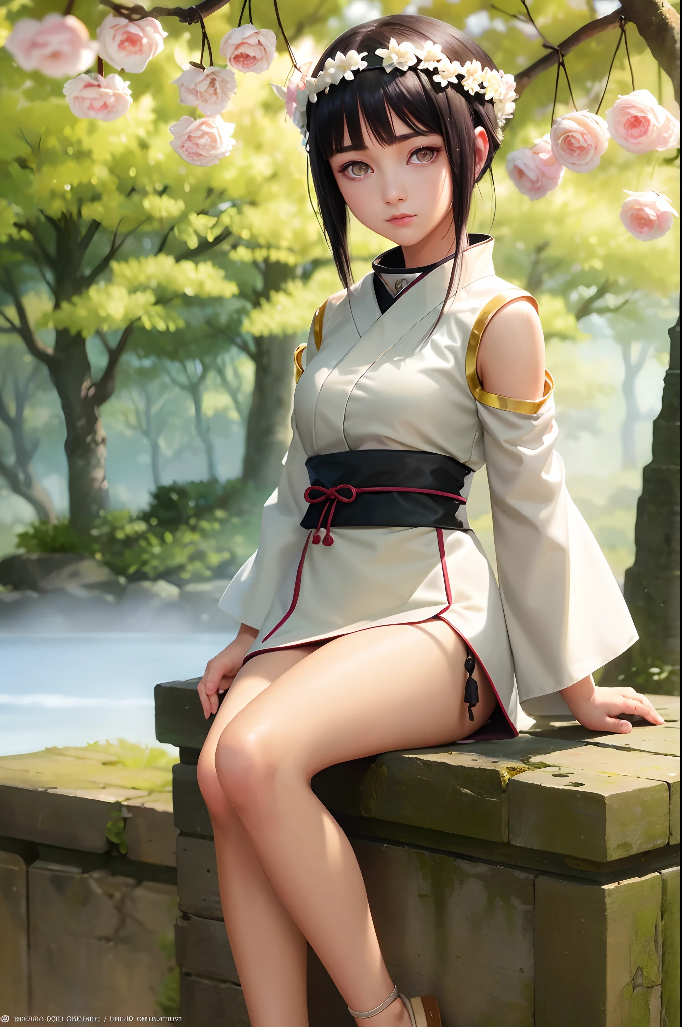 (best quality,highres,masterpiece:1.2),ultra-detailed,realistic,portraits,Hinata hyūga,beautiful detailed eyes,beautiful detailed lips,extremely detailed eyes and face,longeyelashes,fair skin,pale complexion,shiny black hair,shoulder-length hair,characteristic lavender eyes,calm expression,gentle smile,sympathetic gaze,slender figure,white-eyed ninja,Byakugan user,leaf village headband,ninja attire,68th head of Hyūga clan,protected by her Byakugan,peaceful garden background,lush green plants,colourful blooming flowers,soft sunlight streaming through trees,graceful pose,standing among the cherry blossoms,serene atmosphere,delicate beauty,subtle hint of determination,hint of wind gently blowing her hair,subtle shadows,painterly style,soft color palette,subdued tones,subtle highlights,subtle shading,natural lighting.