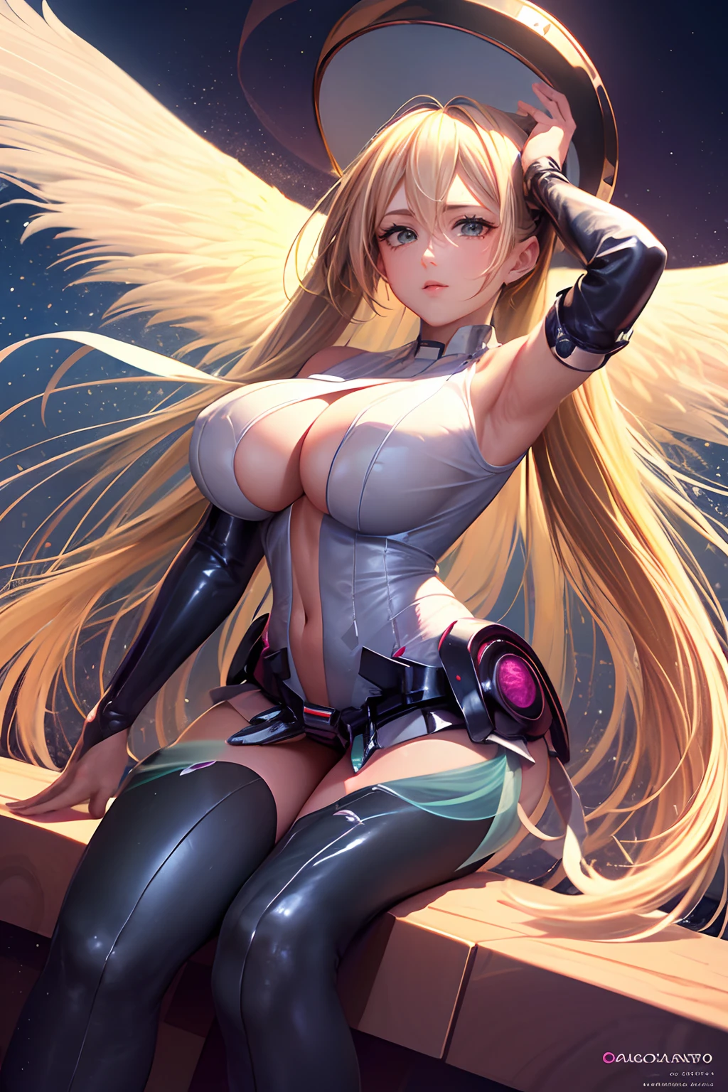 (Obra maestra:1.2), (La mejor calidad:1.2), Perfect lighting, Chica Maga Oscura lanzando un hechizo, flotando en el aire, tetas grandes, escote, fondo de magia. Corazones transparente en el hambiente, sin sombrero.desde arriba, Destellos, Yugioh Card en el fondo. Pose sejustiva y sexy. Timida hot