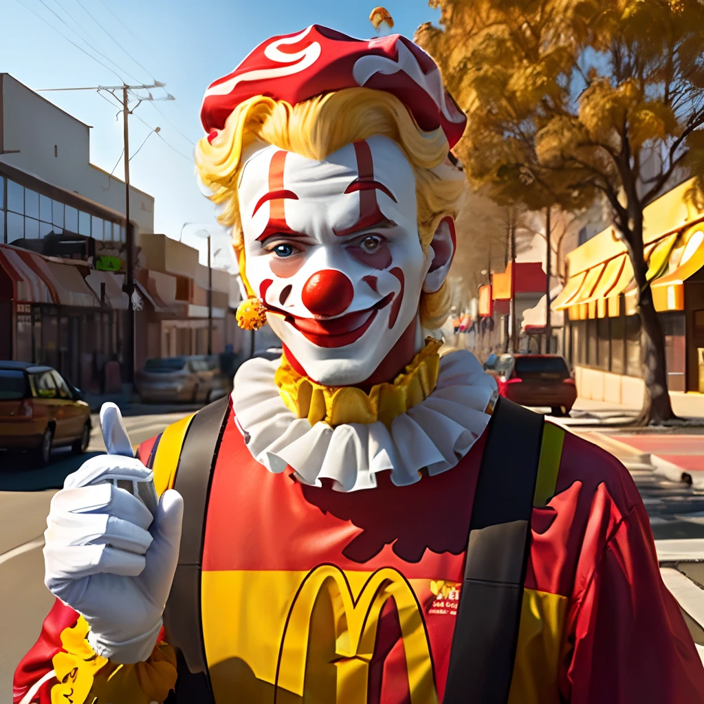 McDonald's clown offering a burger, Behind him a tree full of hamburgers