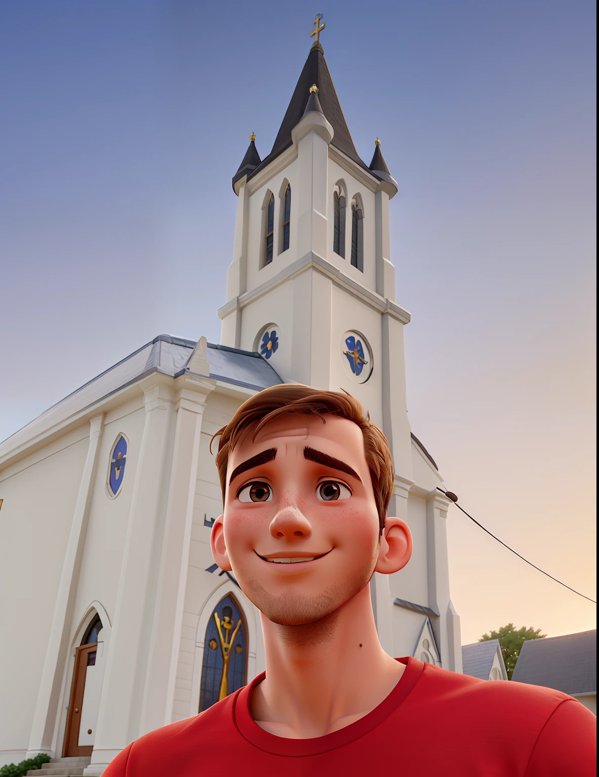 Young man in front of a church, with low hair, smooth face, and a slight smile.