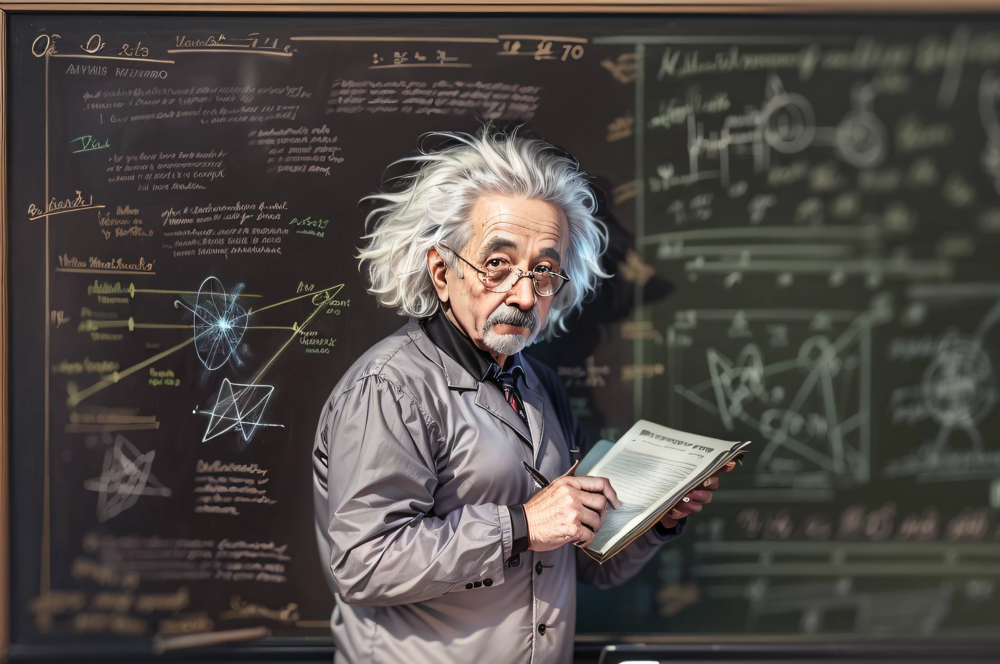 ,imagem de Albert Einstein vestido de professor em uma universidade, He's teaching quantum physics, Olhando para um espectador, Blackboard full of physics knowledge, He's writing on the blackboard