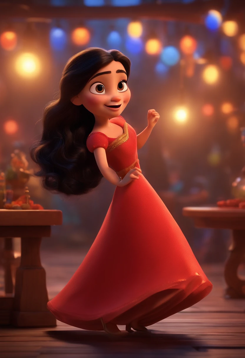 Pixar style image with 3D character brunette woman long straight black hair dancing, Maquiagem Disney,Pescador, bonitinho, sorridente ,Close-up, Pixar, Disney, Cinema lighting, com o nome zaysla
