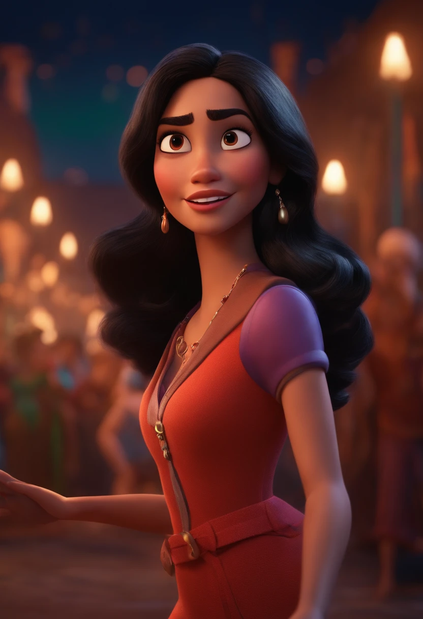 Pixar style image with 3D character brunette woman long straight black hair dancing, Maquiagem Disney,Pescador, bonitinho, sorridente ,Close-up, Pixar, Disney, Cinema lighting, com o nome zaysla
