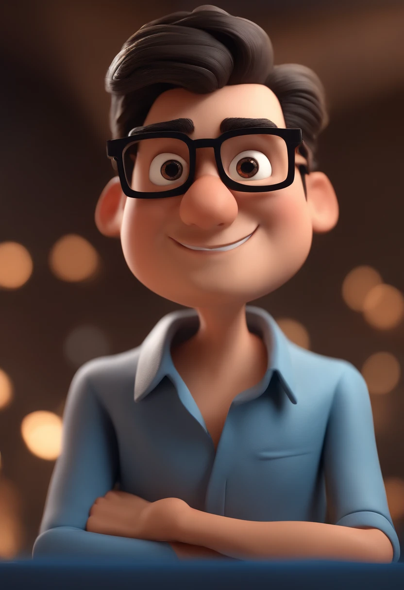 Cartoon character of a man with black glasses and a blue shirt, animation character, Caractere estilizado, animation style rendering, 3D estilizado, Arnold Maya render, 3 d render stylized, toon render keyshot, Personagem 3D, Personagem 3D, 3d rendering stylized, 3 d character render, personagem de desenho animado, Personagem de close up, Pose de personagem, (Estilo Pixar) (master part:1.2) (Bokeh) (best quality) (pele detalhada) (textura detalhada) (8k) (argila) (Cinematic lighting) (foco nítido