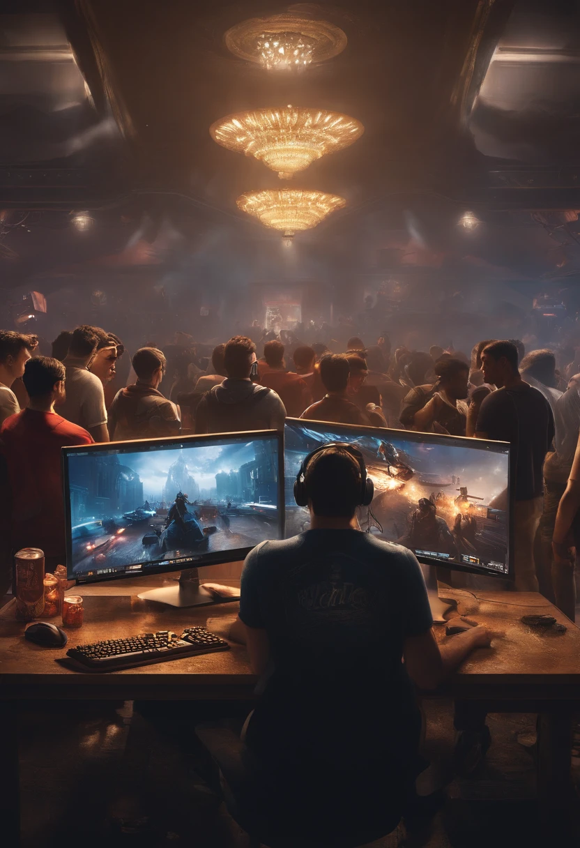 masterpiece, official art, 8k, highly-detailed, best quality, a group of people gathered around a computer screen, all of them energetic and enthusiastic, some standing, others sitting on chairs, all staring intently at the screen, a loud cheer erupting from their midst, their faces lit up with excitement and triumph, a gaming competition being held, the players all engrossed in the game, their fingers moving rapidly on the keyboard and mouse, the room filled with the sound of clicking and tapping, posters of famous gamers and game characters on the walls, energy drink cans and snack wrappers littering the floor, a trophy and cash prize on a nearby table, waiting to be claimed by the victorious team