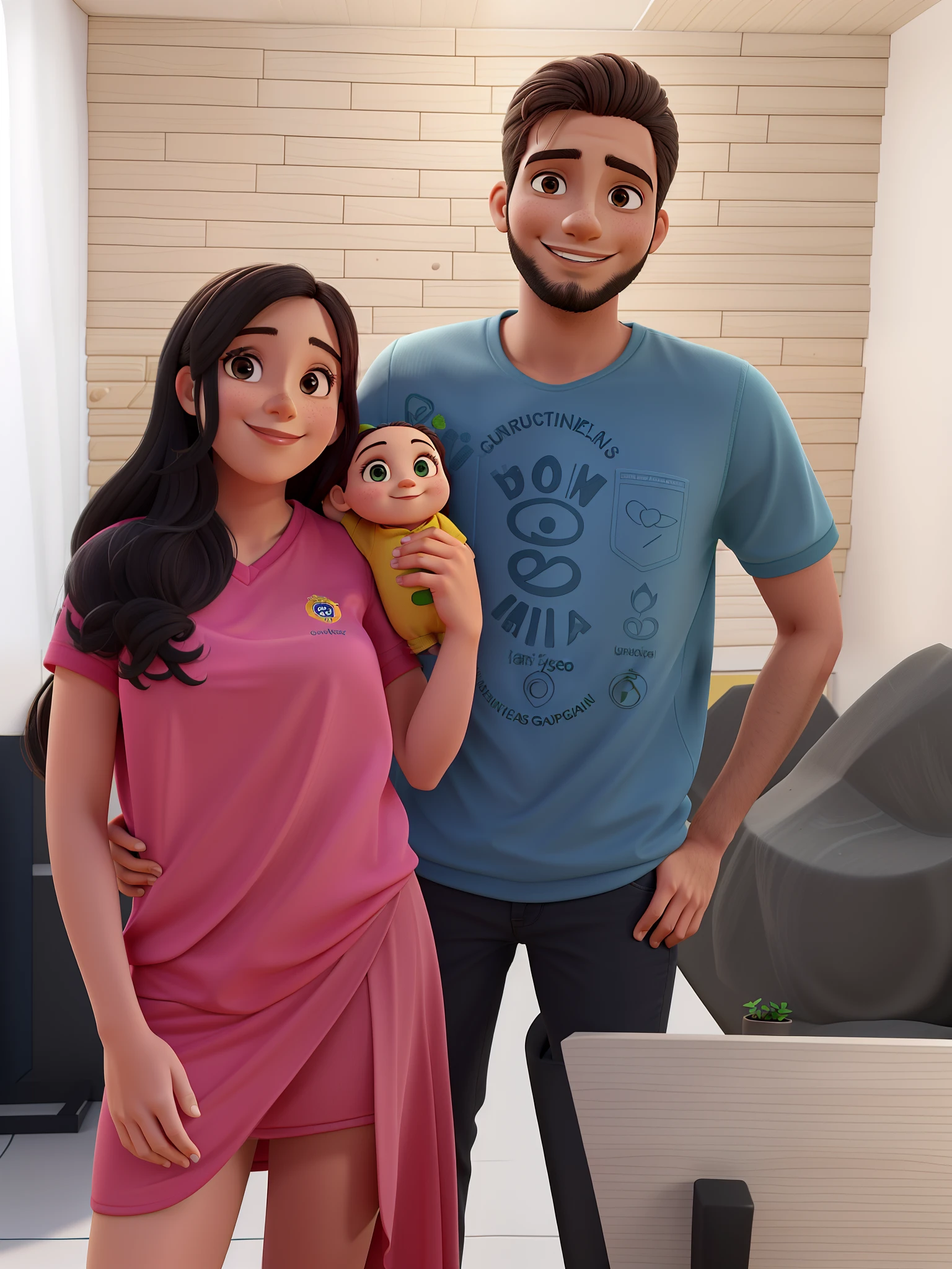 Dois arquitetos, um Laura e outro Vinicius, cabelos castanhos, sorrindo, com antecedentes: a wall with the logo of the Studio Guacas office and some plants.