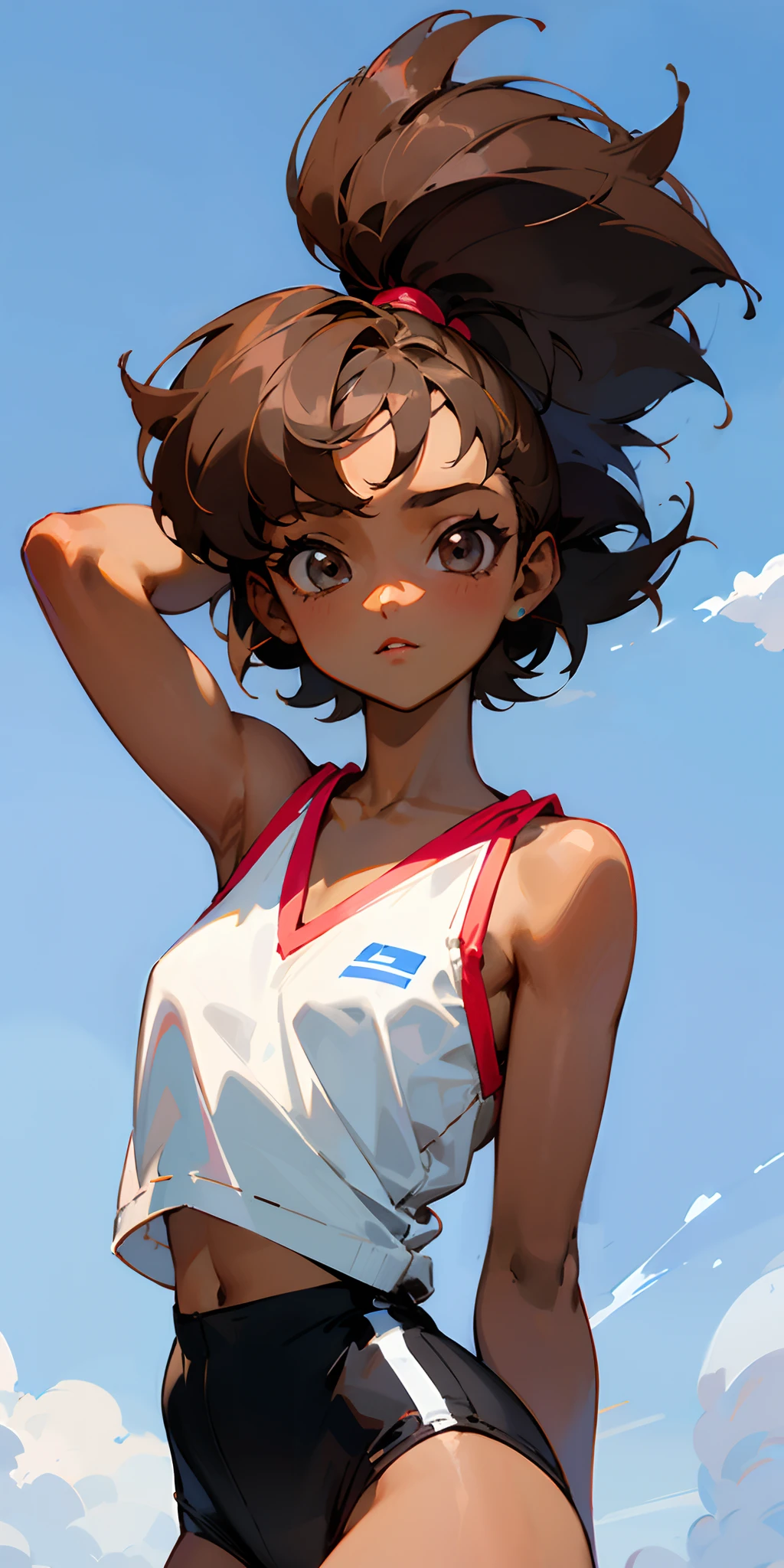 90s anime style dark skin brown short hair girl